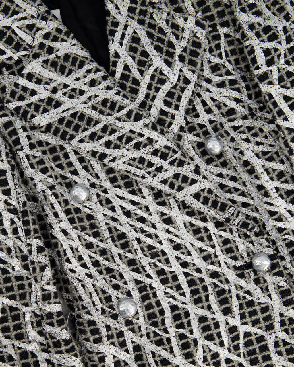 Chanel Spring 2012 Black & White Checked Tweed Backless Jacket with Silver Screen Print and Pearl Belt at the Back Size FR 34 (UK 4)