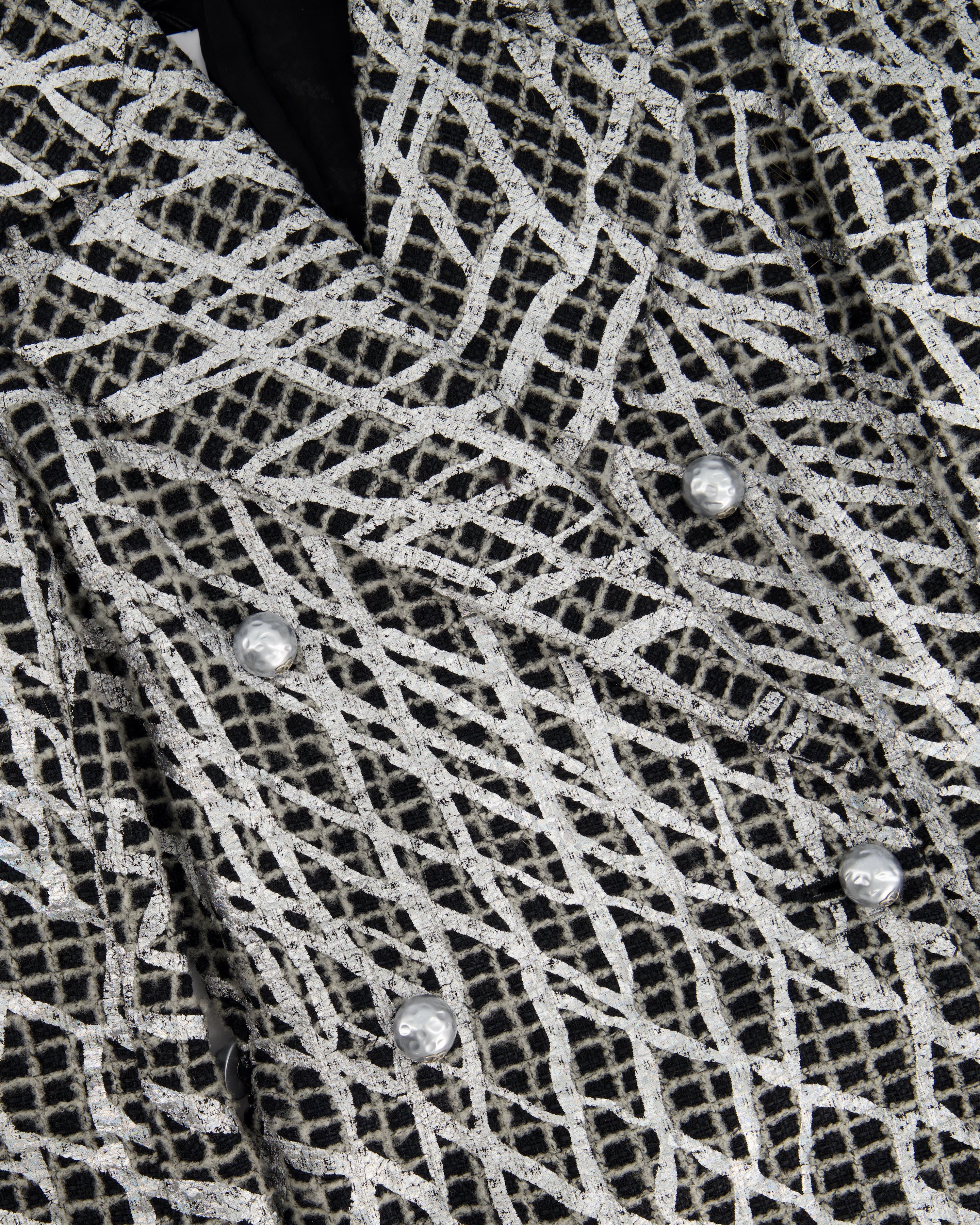 Chanel Spring 2012 Black & White Checked Tweed Backless Jacket with Silver Screen Print and Pearl Belt at the Back Size FR 34 (UK 4)