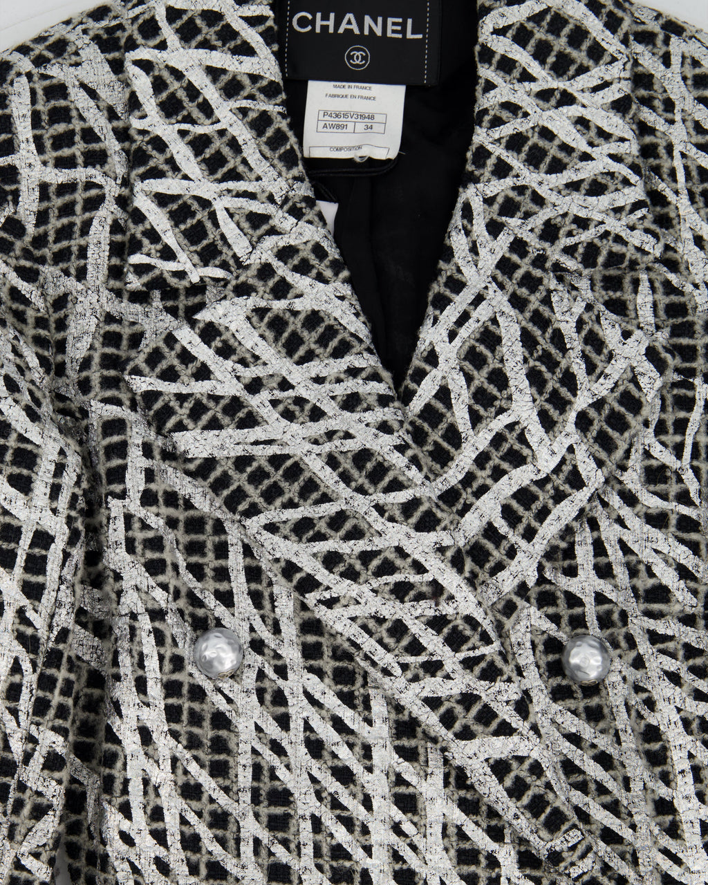 Chanel Spring 2012 Black & White Checked Tweed Backless Jacket with Silver Screen Print and Pearl Belt at the Back Size FR 34 (UK 4)