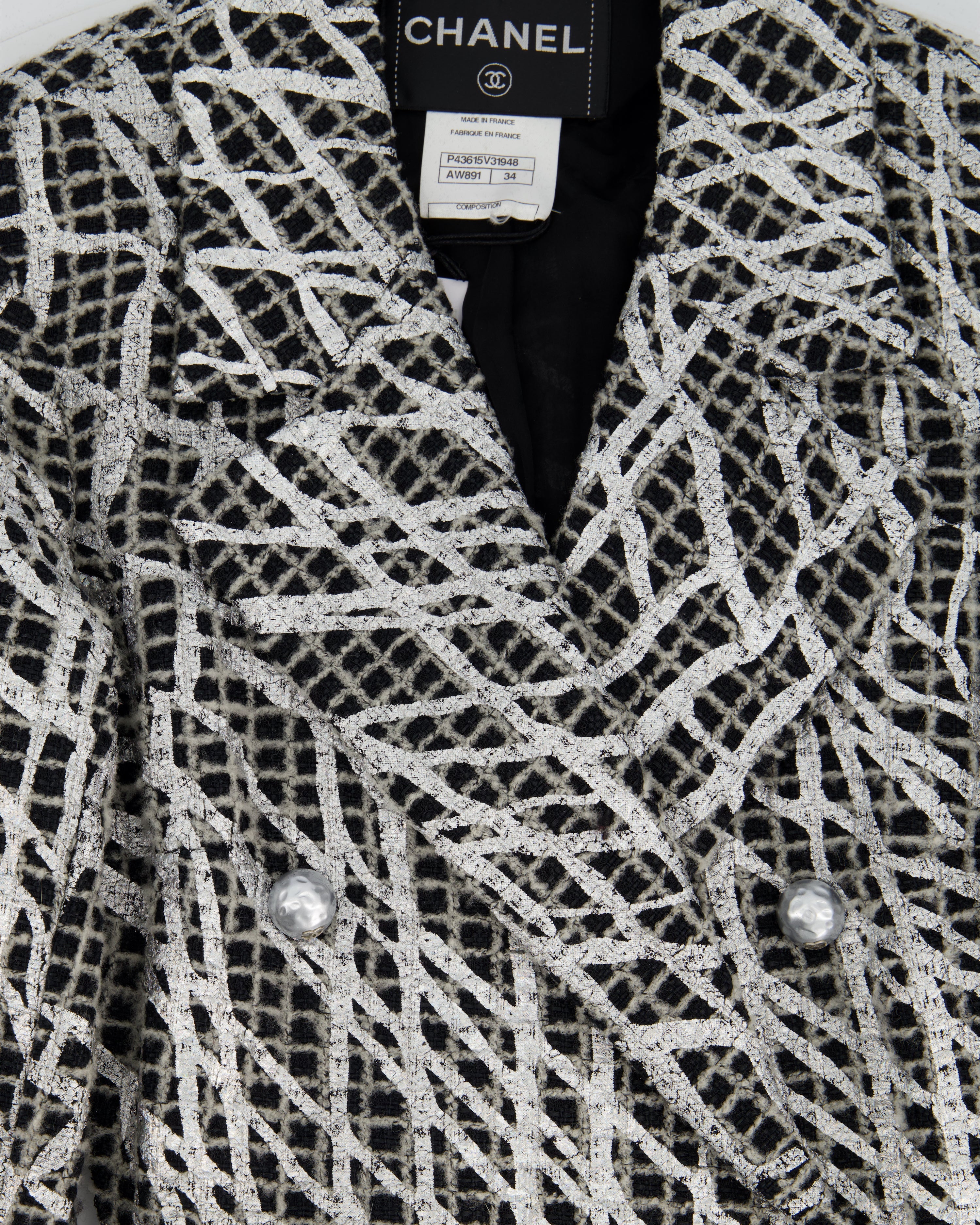 Chanel Spring 2012 Black & White Checked Tweed Backless Jacket with Silver Screen Print and Pearl Belt at the Back Size FR 34 (UK 4)