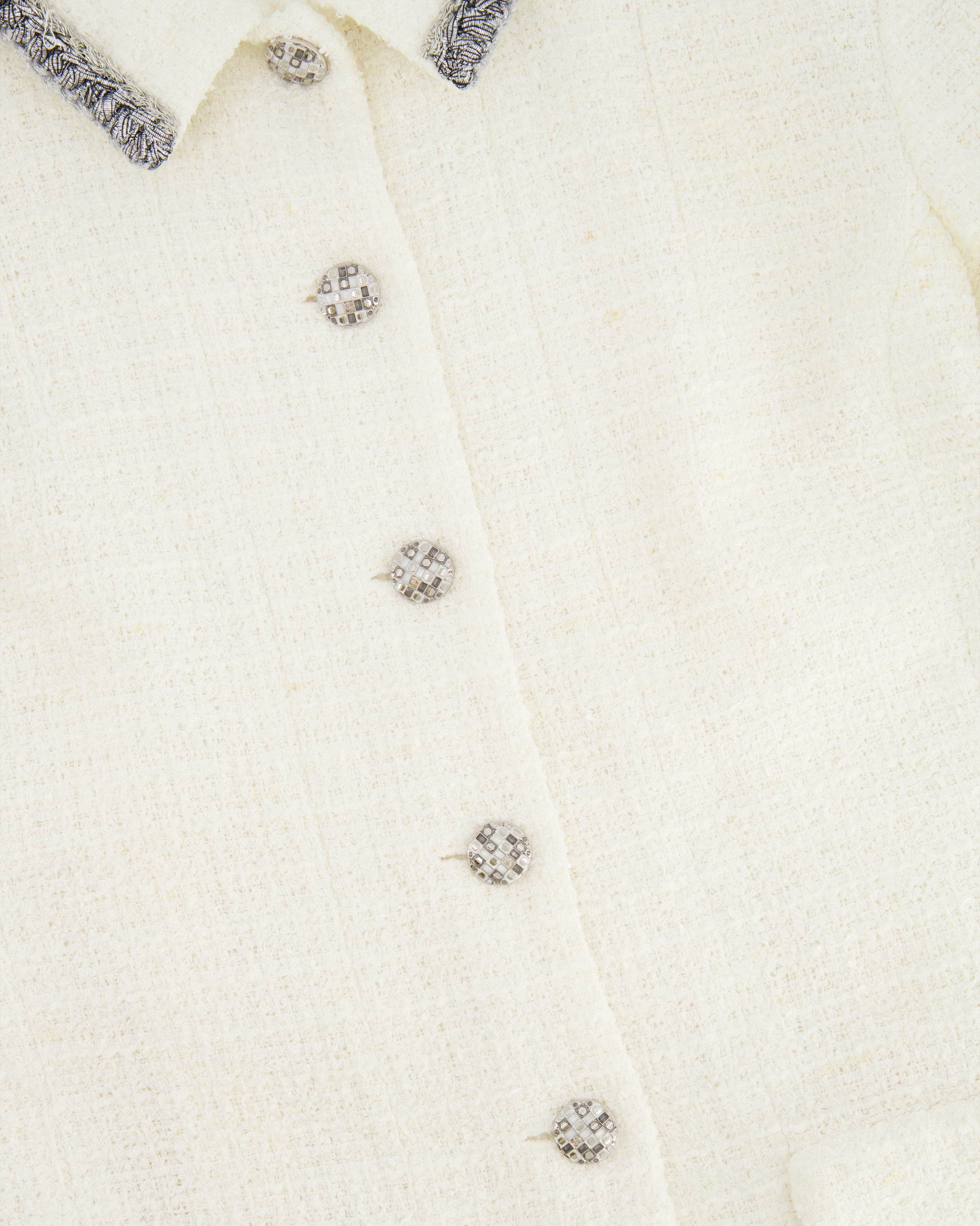 *HOT* Chanel 20S White Tweed Short-Sleeve Mini Dress with Silver Buttons and Embellishments Details FR 42 (UK 14) RRP £5,250