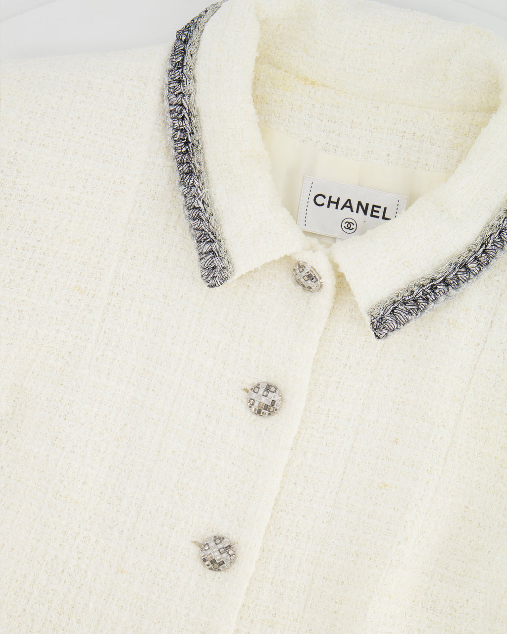 *HOT* Chanel 20S White Tweed Short-Sleeve Mini Dress with Silver Buttons and Embellishments Details FR 42 (UK 14) RRP £5,250
