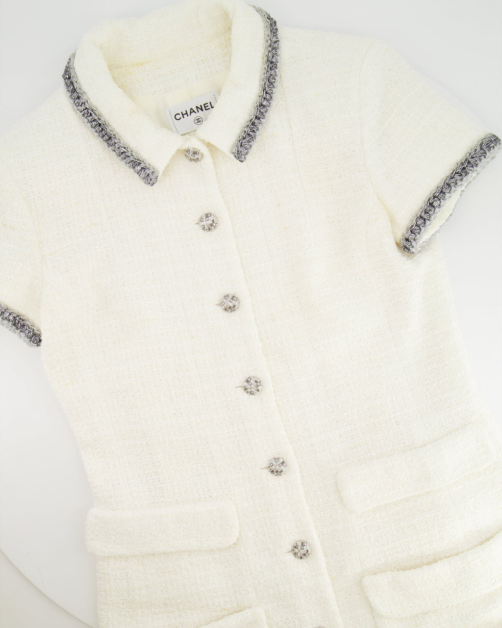 *HOT* Chanel 20S White Tweed Short-Sleeve Mini Dress with Silver Buttons and Embellishments Details FR 42 (UK 14) RRP £5,250
