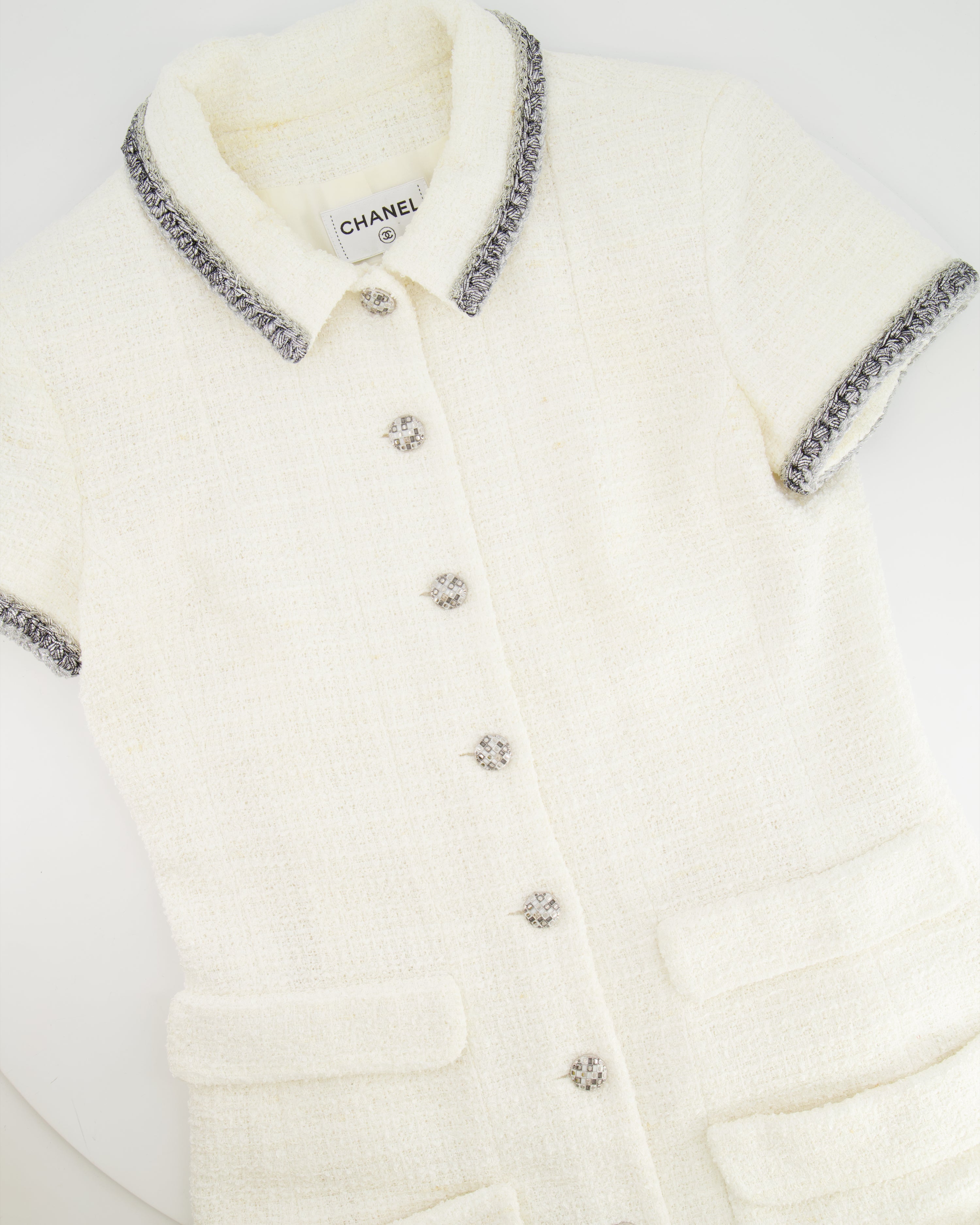 *HOT* Chanel 20S White Tweed Short-Sleeve Mini Dress with Silver Buttons and Embellishments Details FR 42 (UK 14) RRP £5,250