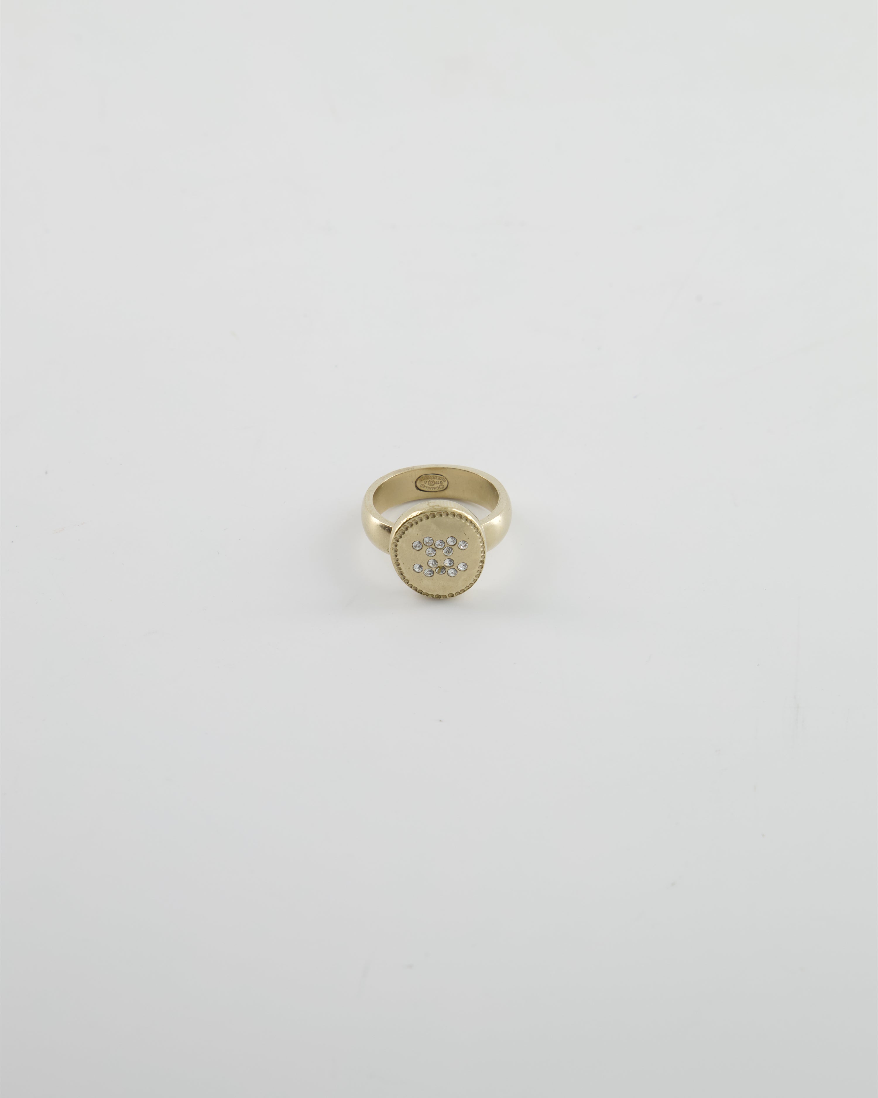 Chanel 19A Antique Champagne Gold Round Ring with Crystal CC Logo