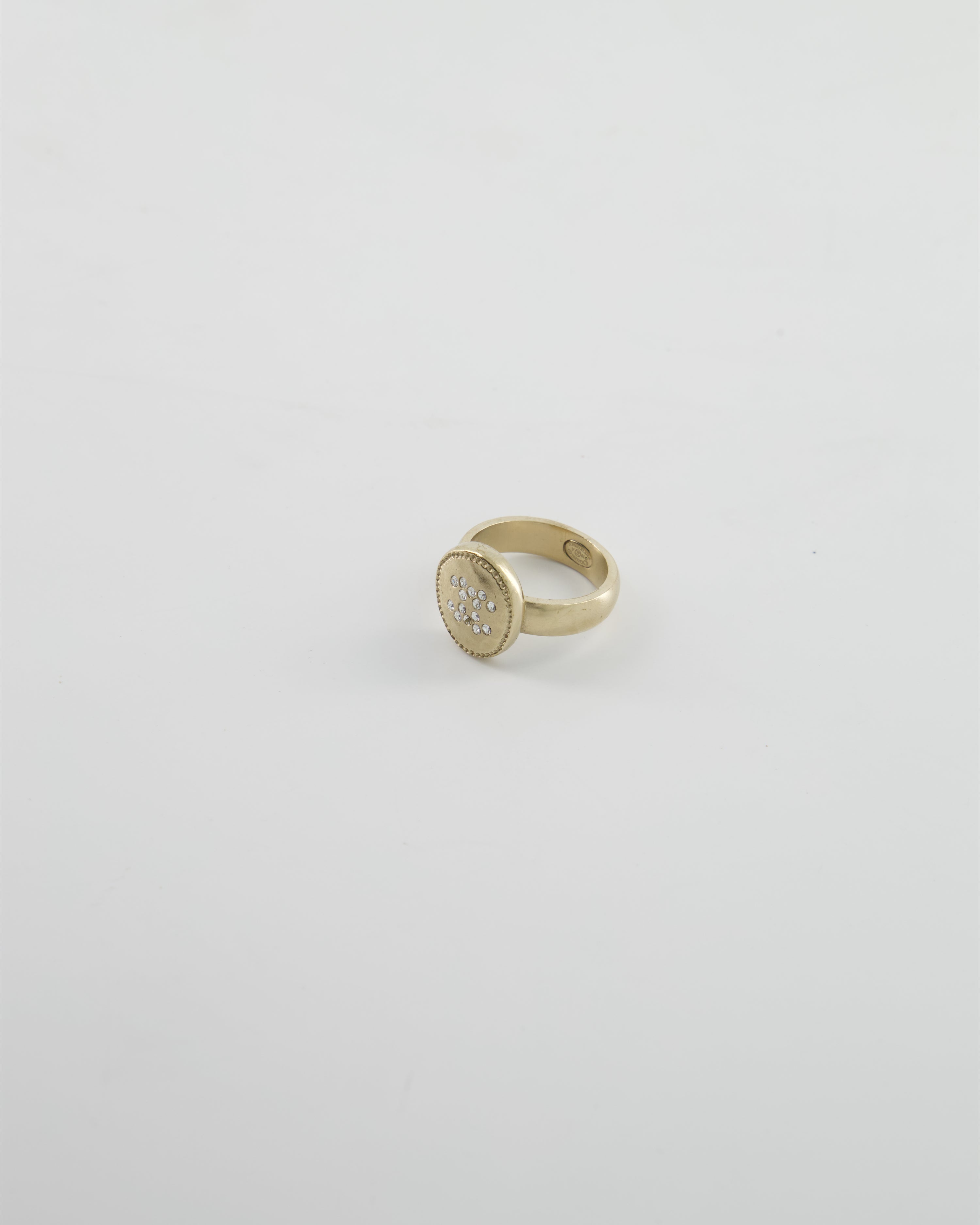 Chanel 19A Antique Champagne Gold Round Ring with Crystal CC Logo