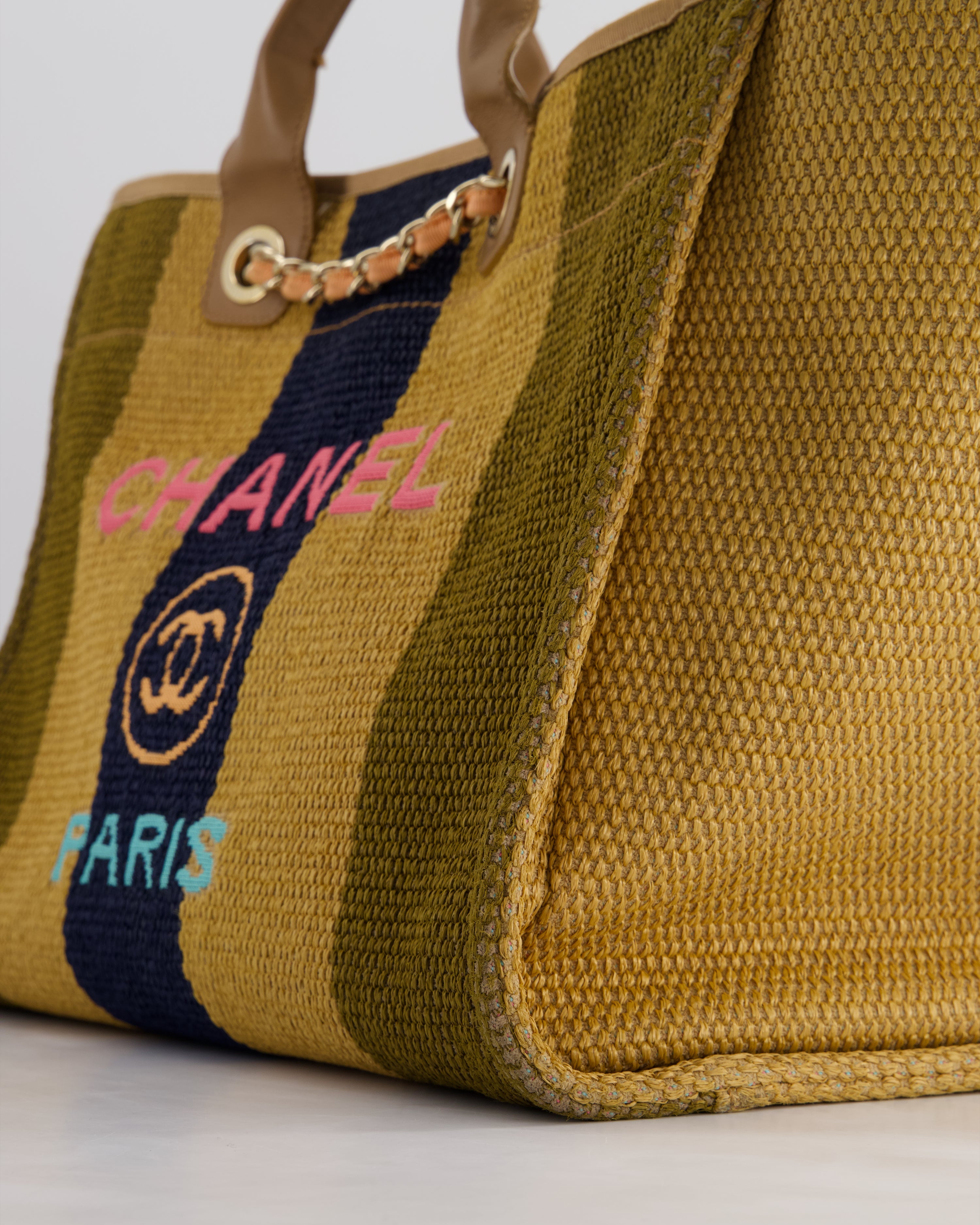 *HOT* Chanel Beige, Navy and Khaki Raffia Deauville Tote with Pastel Logo and Champagne Gold Hardware