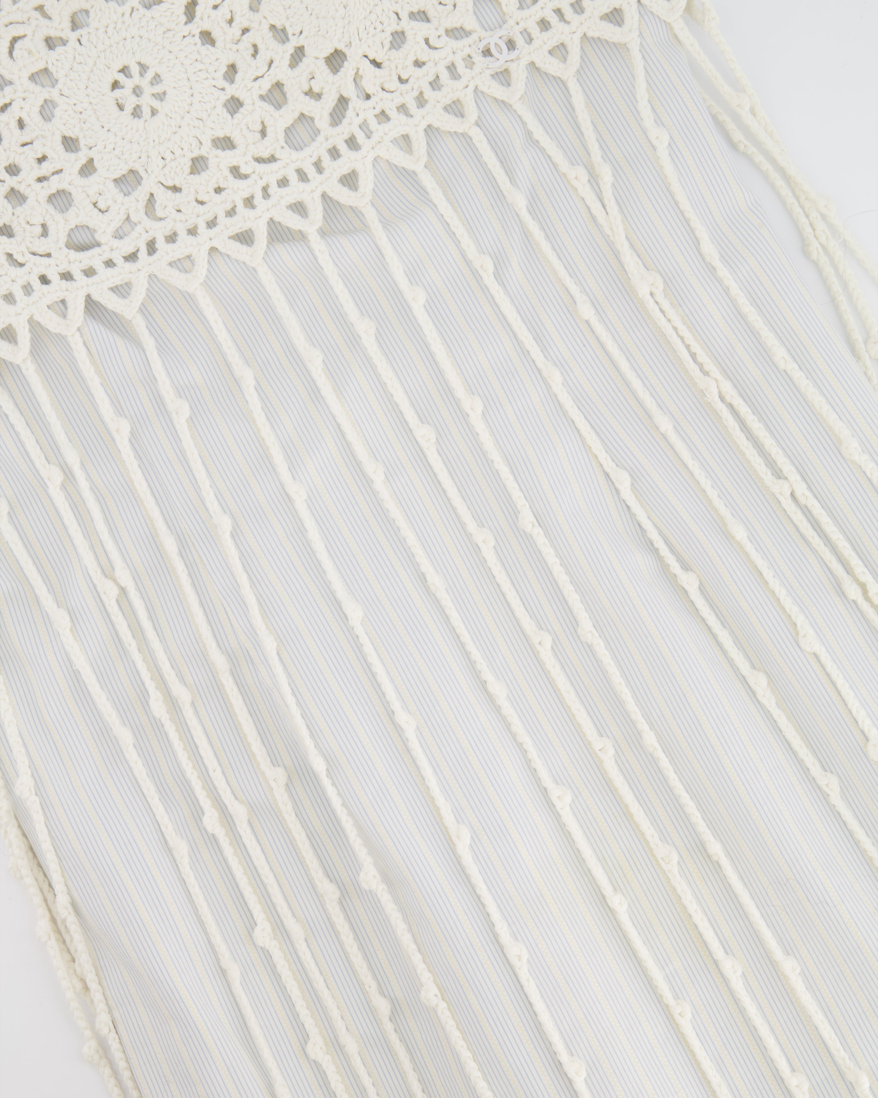 Chanel Spring 2005 Light Blue Striped Mini Dress with White Crochet Detailings Size FR 36 (UK 8)