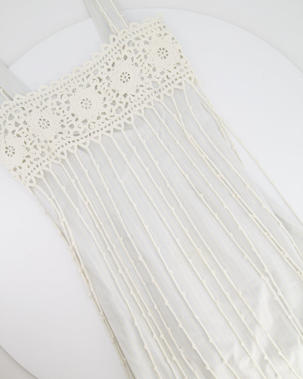 Chanel Spring 2005 Light Blue Striped Mini Dress with White Crochet Detailings Size FR 36 (UK 8)