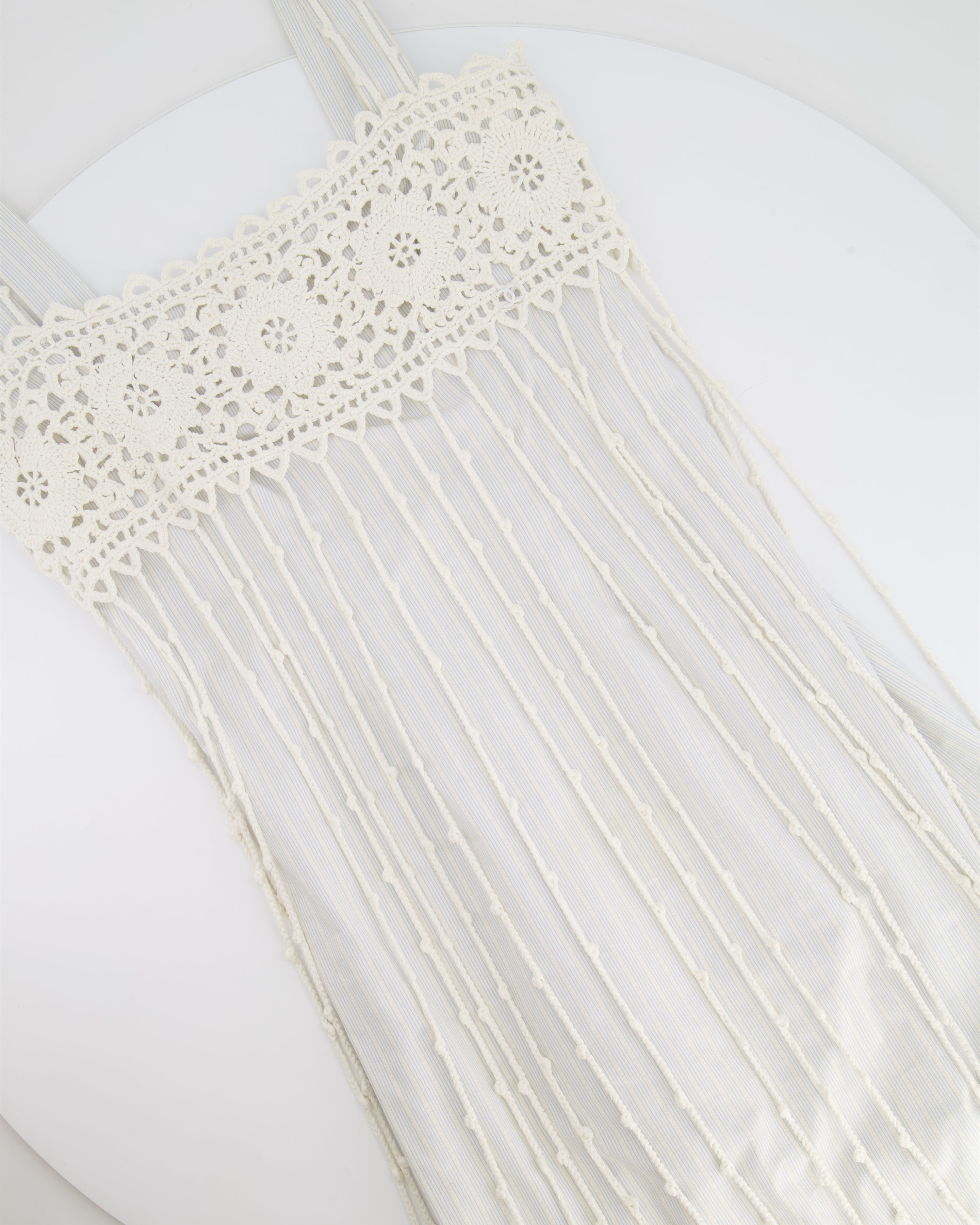 Chanel Spring 2005 Light Blue Striped Mini Dress with White Crochet Detailings Size FR 36 (UK 8)