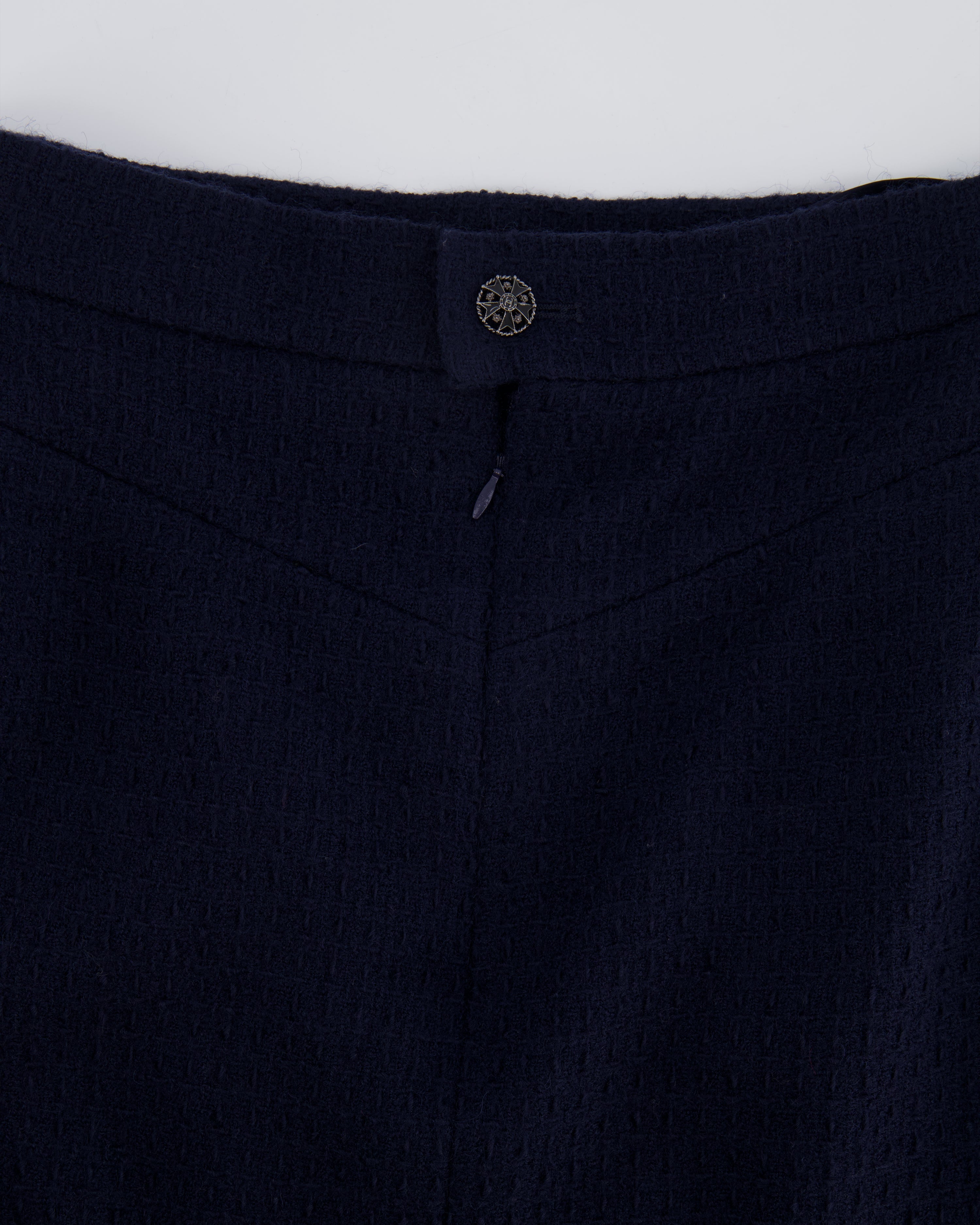 Chanel 08A Navy Tweed Jacket and Midi Skirt Set with Silver CC Logo Details Size FR 42 (UK 14)