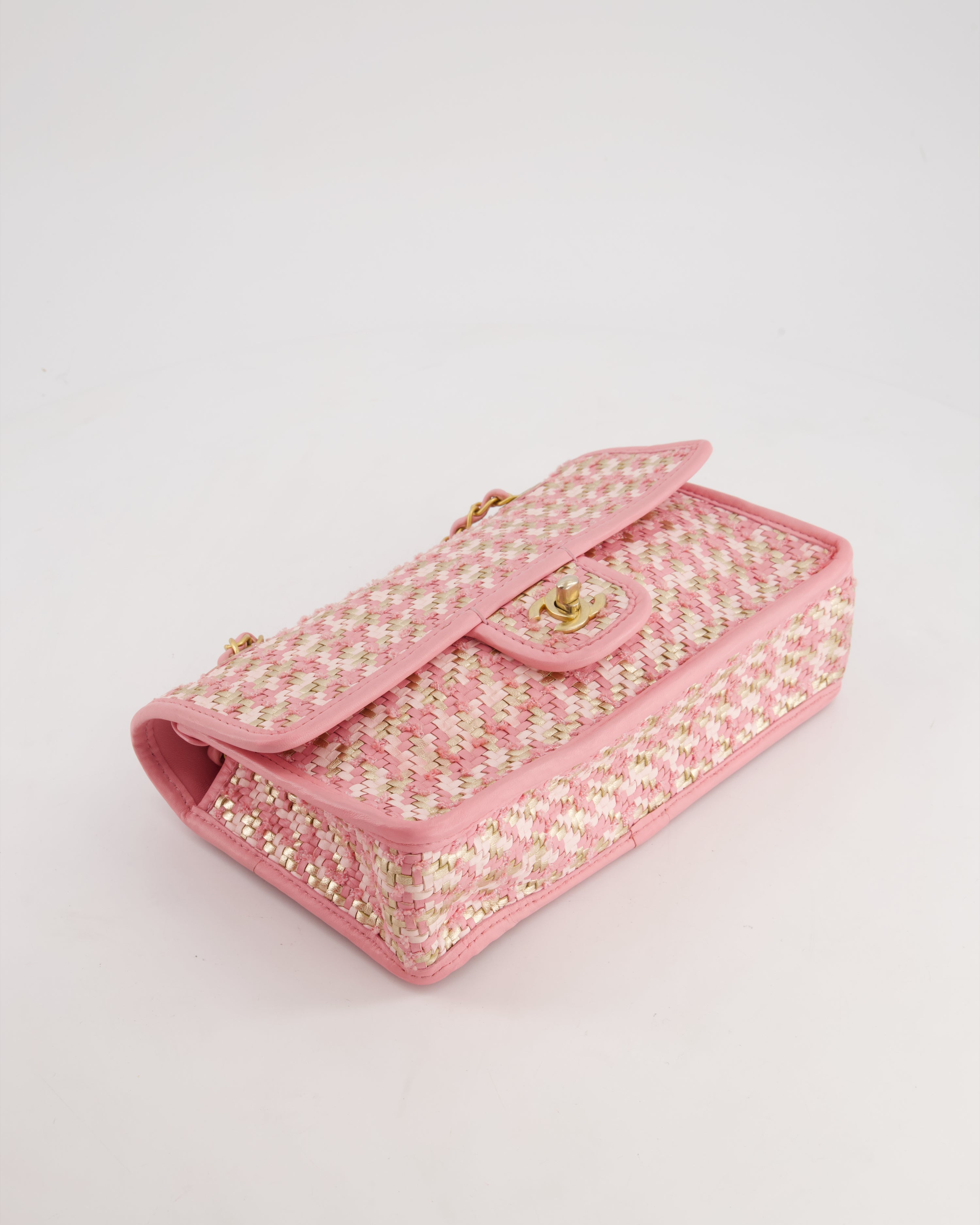 Chanel 23C Pink Woven Flap Bag with Leather Edge Detail and Brushed Gold Hardware