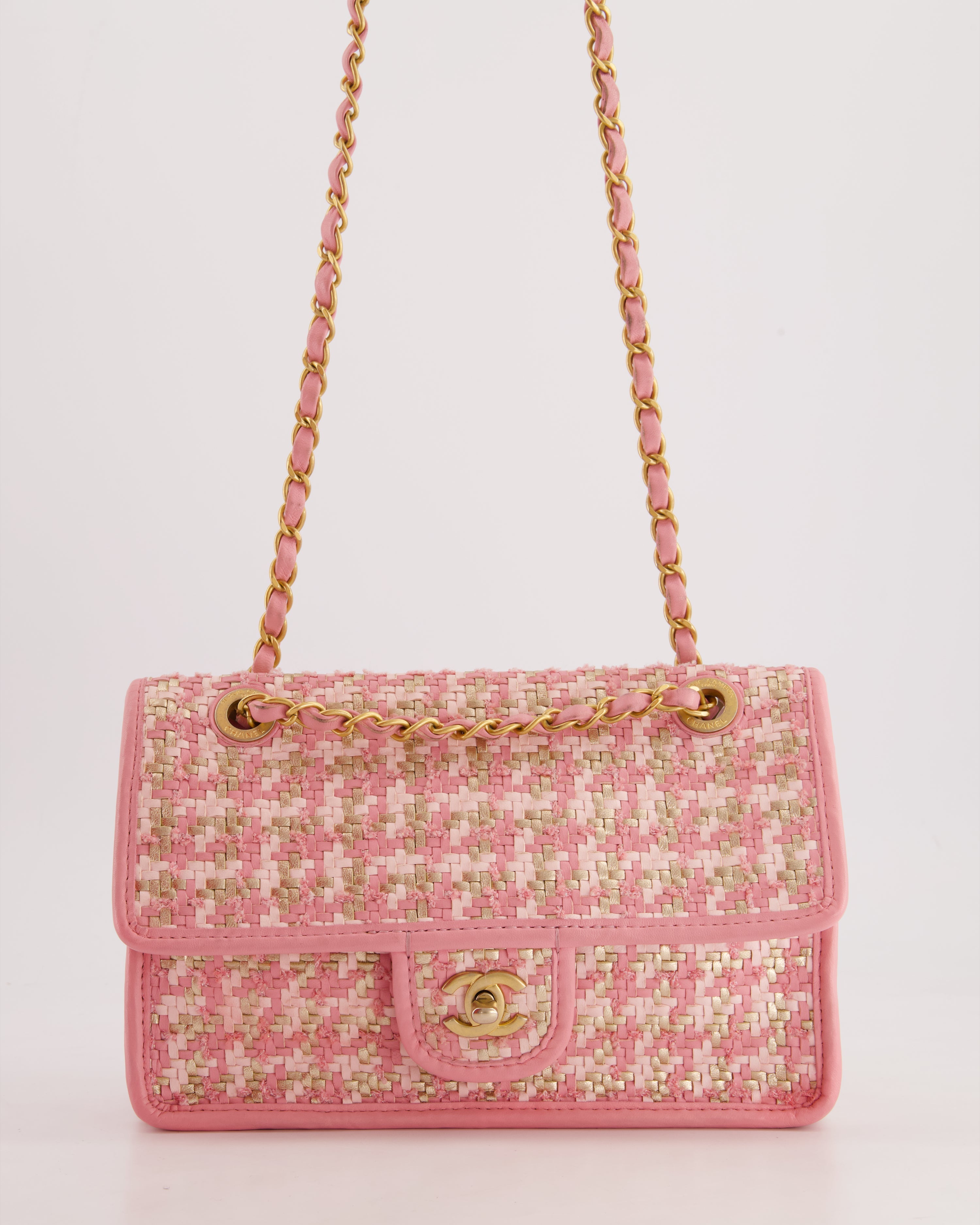 Chanel 23C Pink Woven Flap Bag with Leather Edge Detail and Brushed Gold Hardware