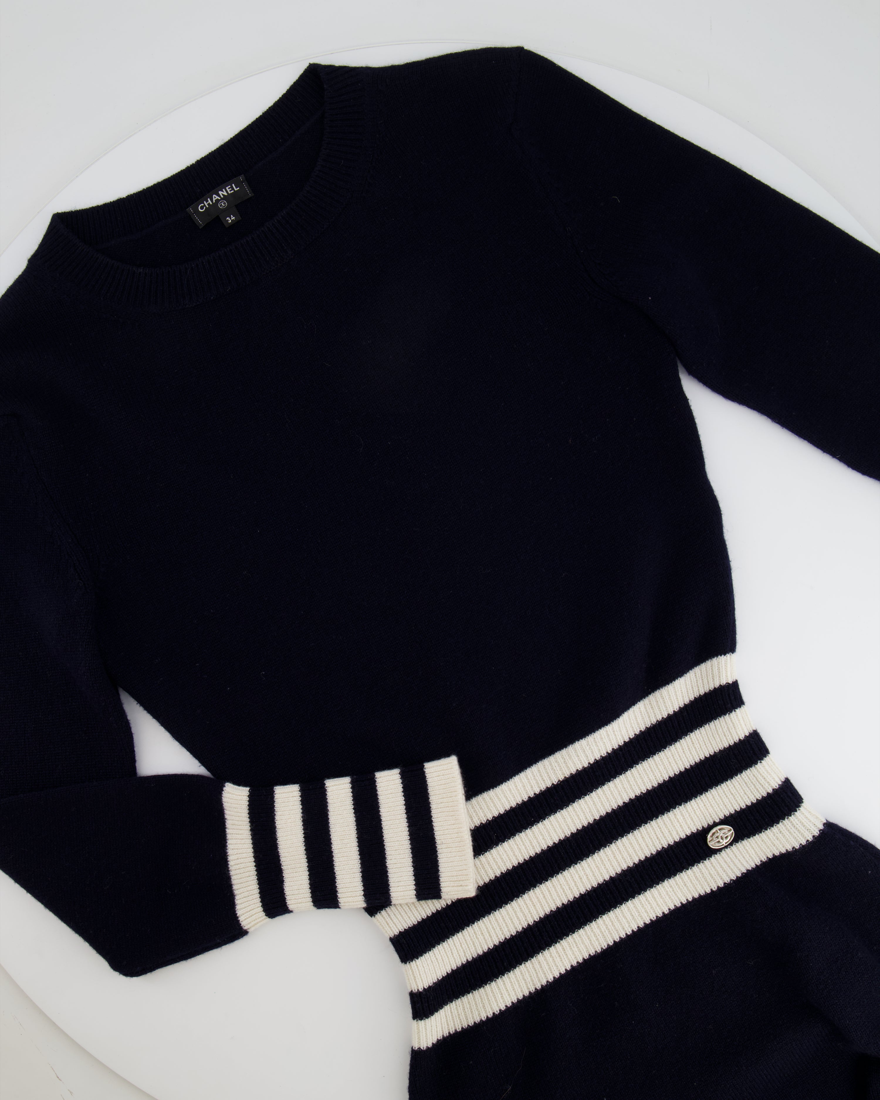 Chanel Navy and White Striped Long-Sleeve Cashmere Mini Dress with CC Logo Button Detail Size FR 34 (UK 6)