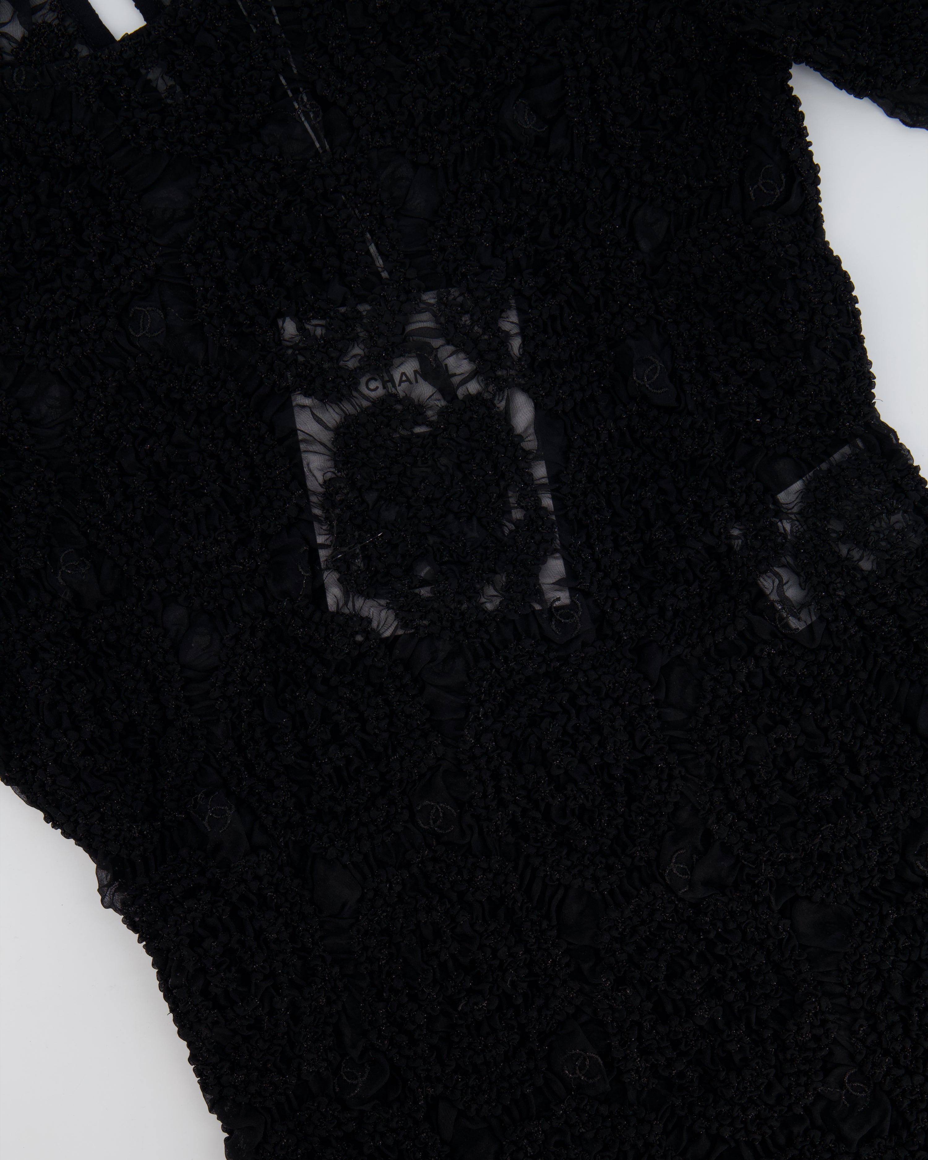 Chanel Black Lace Tulle Top and Cyclist Shorts Set with Camellia Details and Crystal CC Logos Size FR 34 (UK 6)