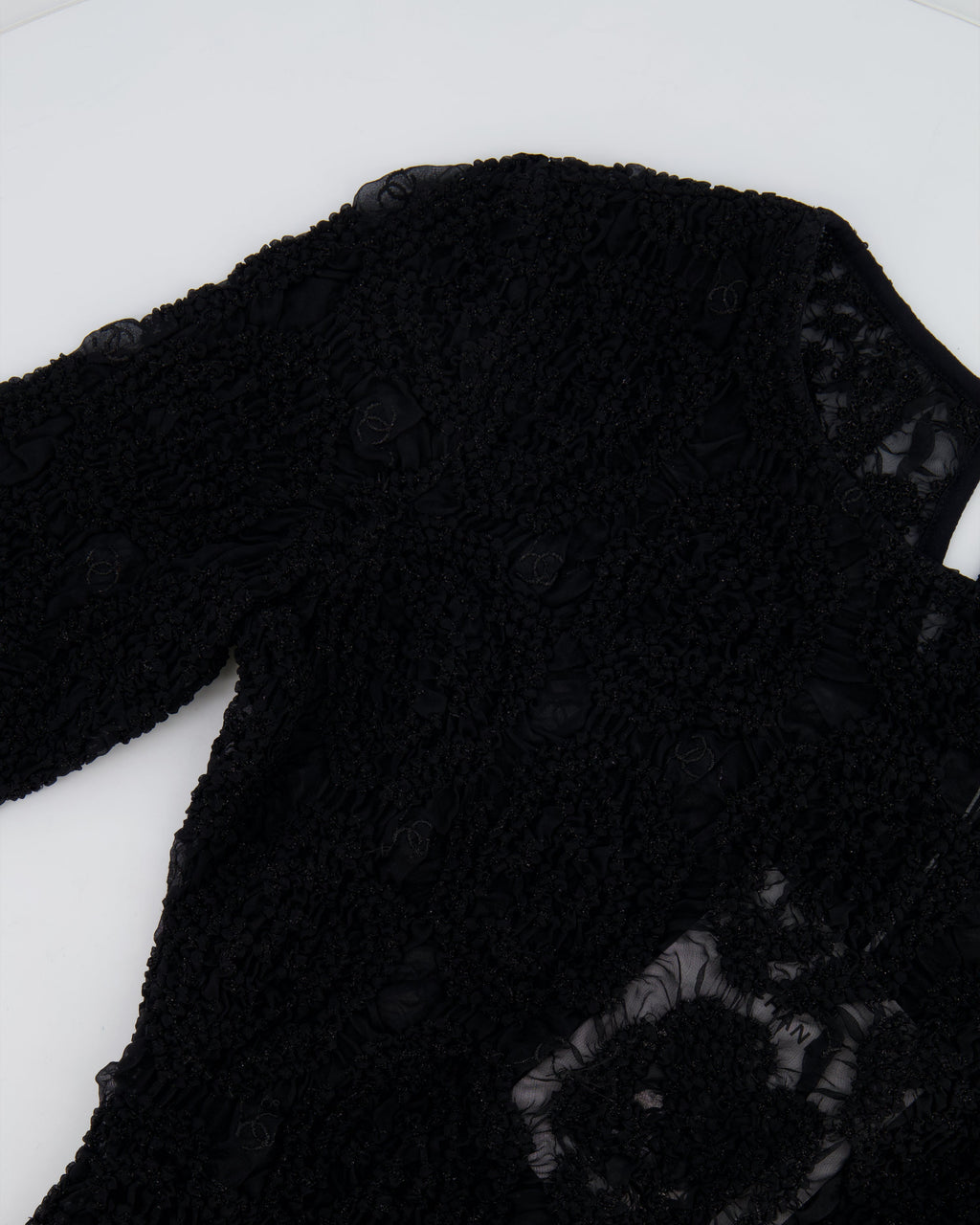 Chanel Black Lace Tulle Top and Cyclist Shorts Set with Camellia Details and Crystal CC Logos Size FR 34 (UK 6)