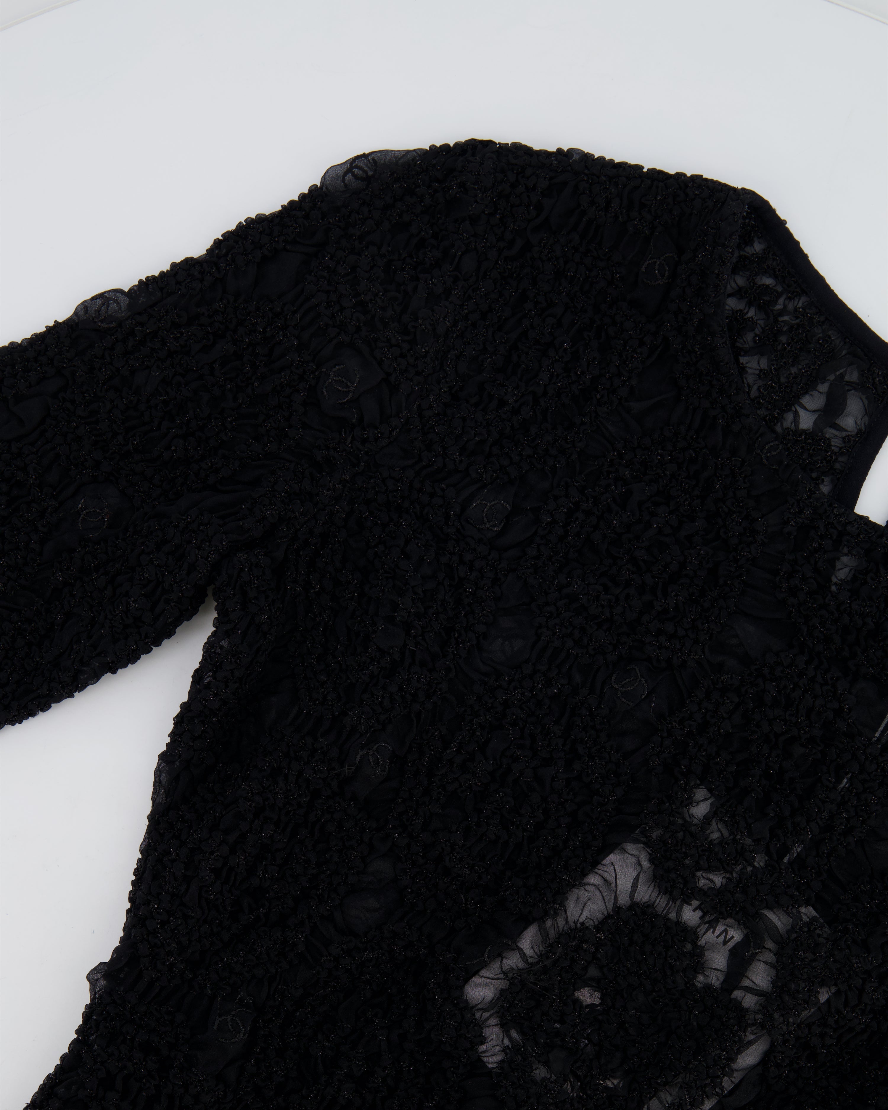 Chanel Black Lace Tulle Top and Cyclist Shorts Set with Camellia Details and Crystal CC Logos Size FR 34 (UK 6)