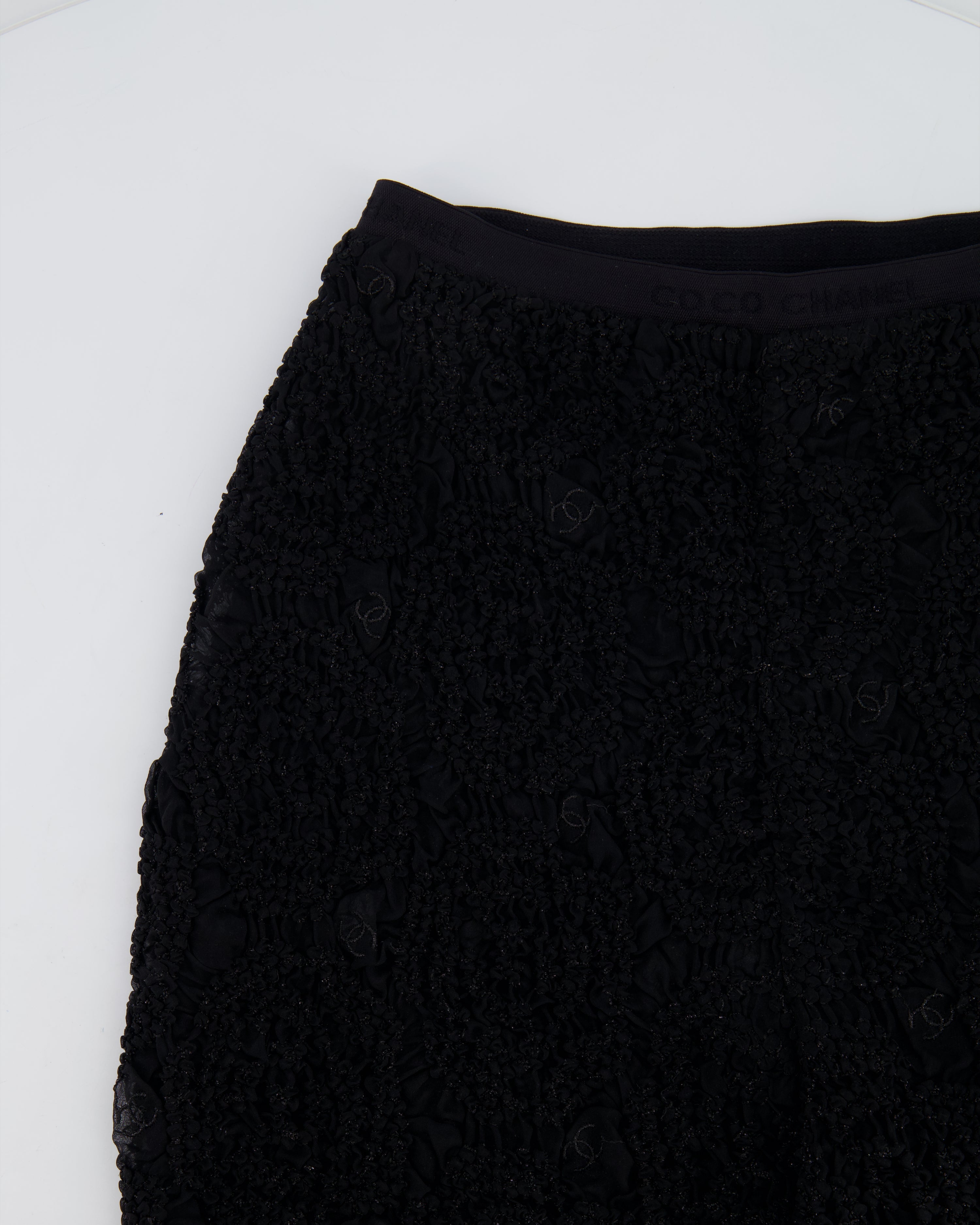 Chanel Black Lace Tulle Top and Cyclist Shorts Set with Camellia Details and Crystal CC Logos Size FR 34 (UK 6)