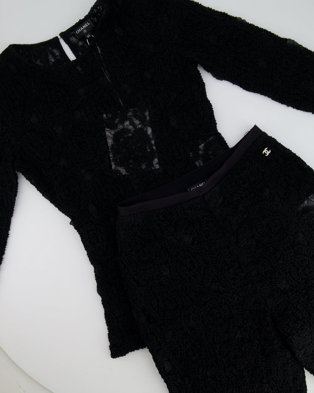 Chanel Black Lace Tulle Top and Cyclist Shorts Set with Camellia Details and Crystal CC Logos Size FR 34 (UK 6)