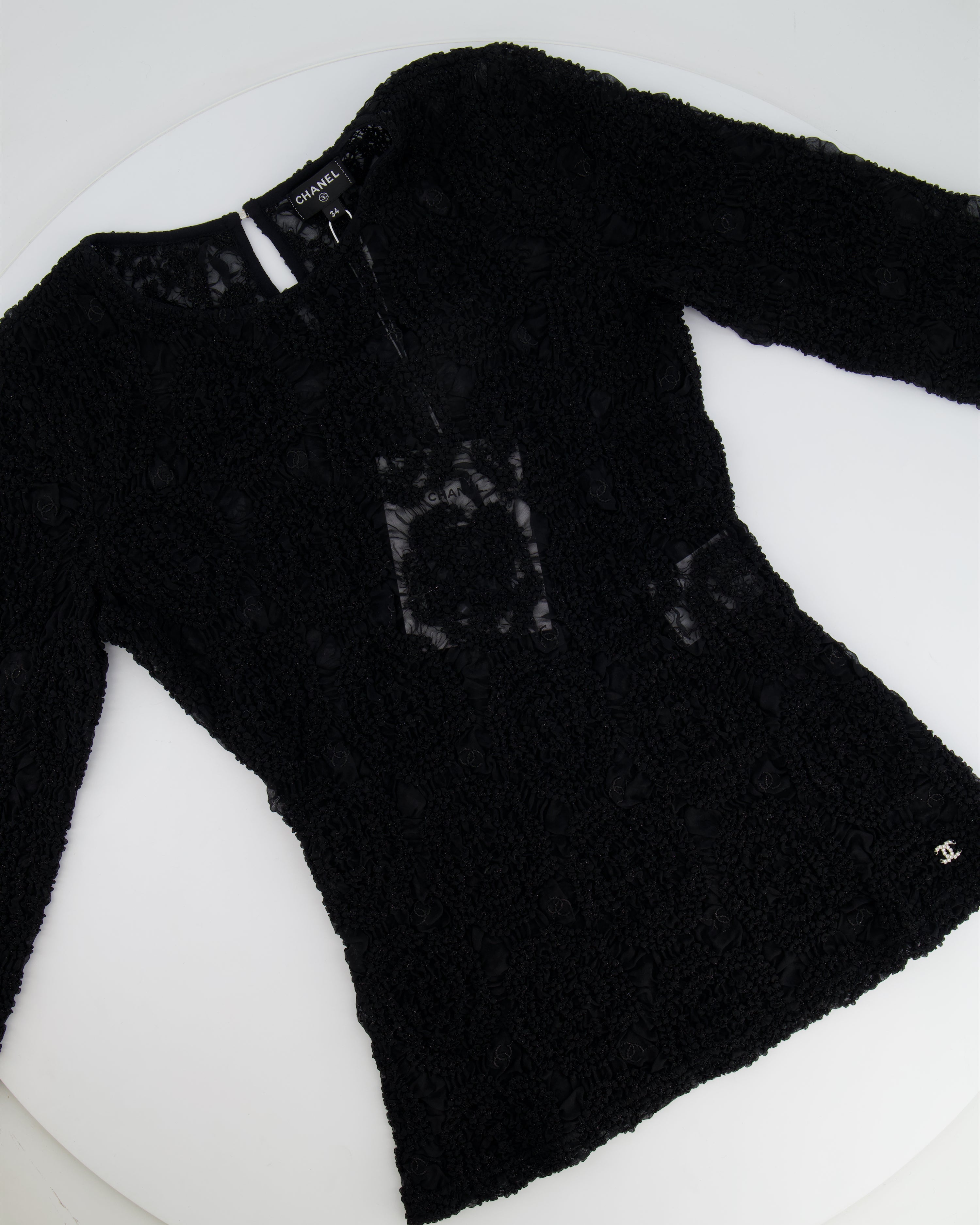 Chanel Black Lace Tulle Top and Cyclist Shorts Set with Camellia Details and Crystal CC Logos Size FR 34 (UK 6)