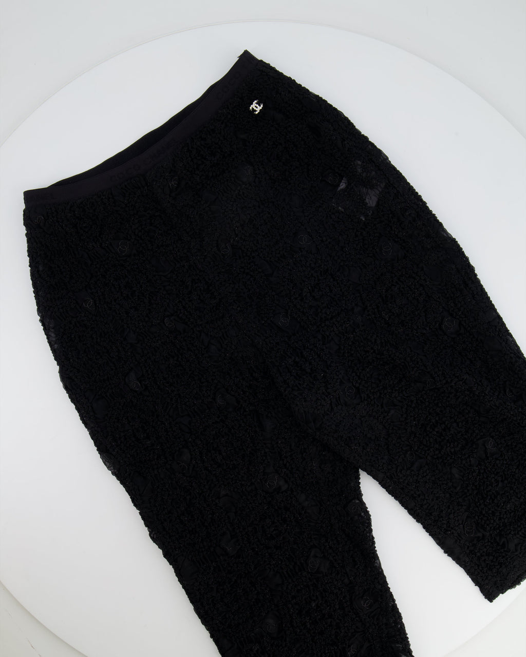 Chanel Black Lace Tulle Top and Cyclist Shorts Set with Camellia Details and Crystal CC Logos Size FR 34 (UK 6)