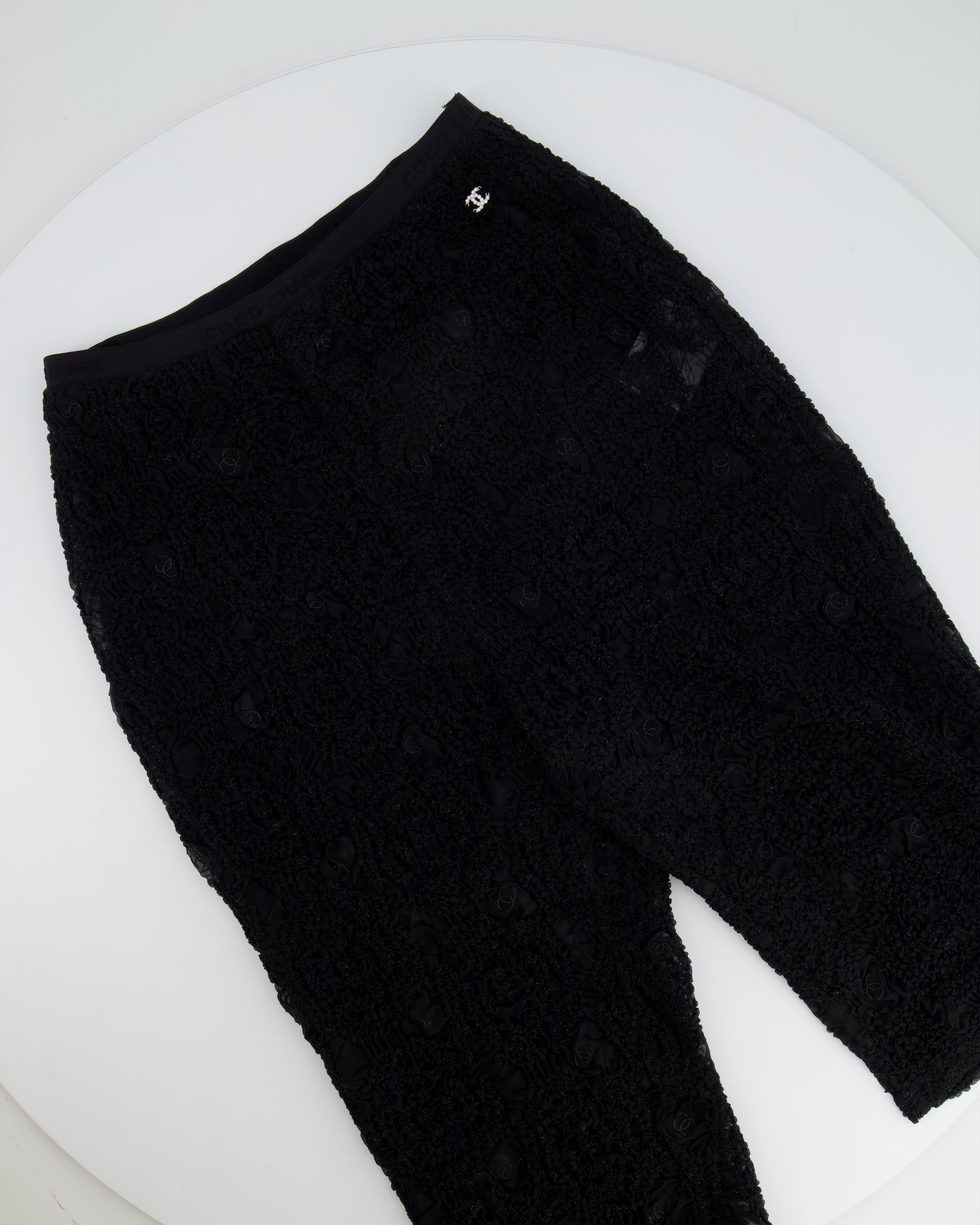 Chanel Black Lace Tulle Top and Cyclist Shorts Set with Camellia Details and Crystal CC Logos Size FR 34 (UK 6)