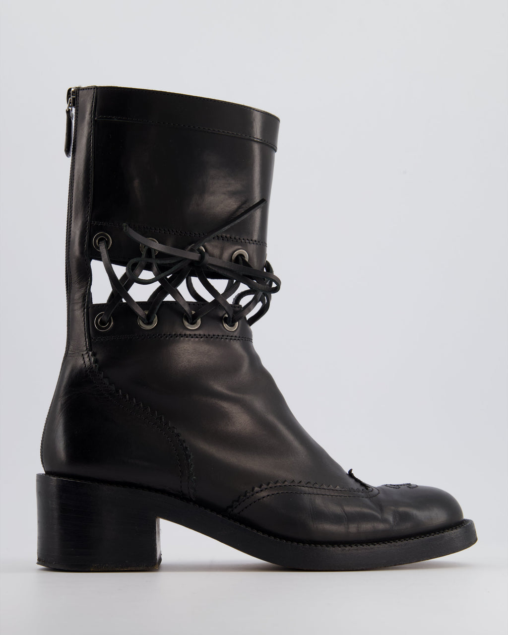 *RUNWAY* Chanel Black Lace Up Insert Detail CC Logo Boots Size EU 40.5