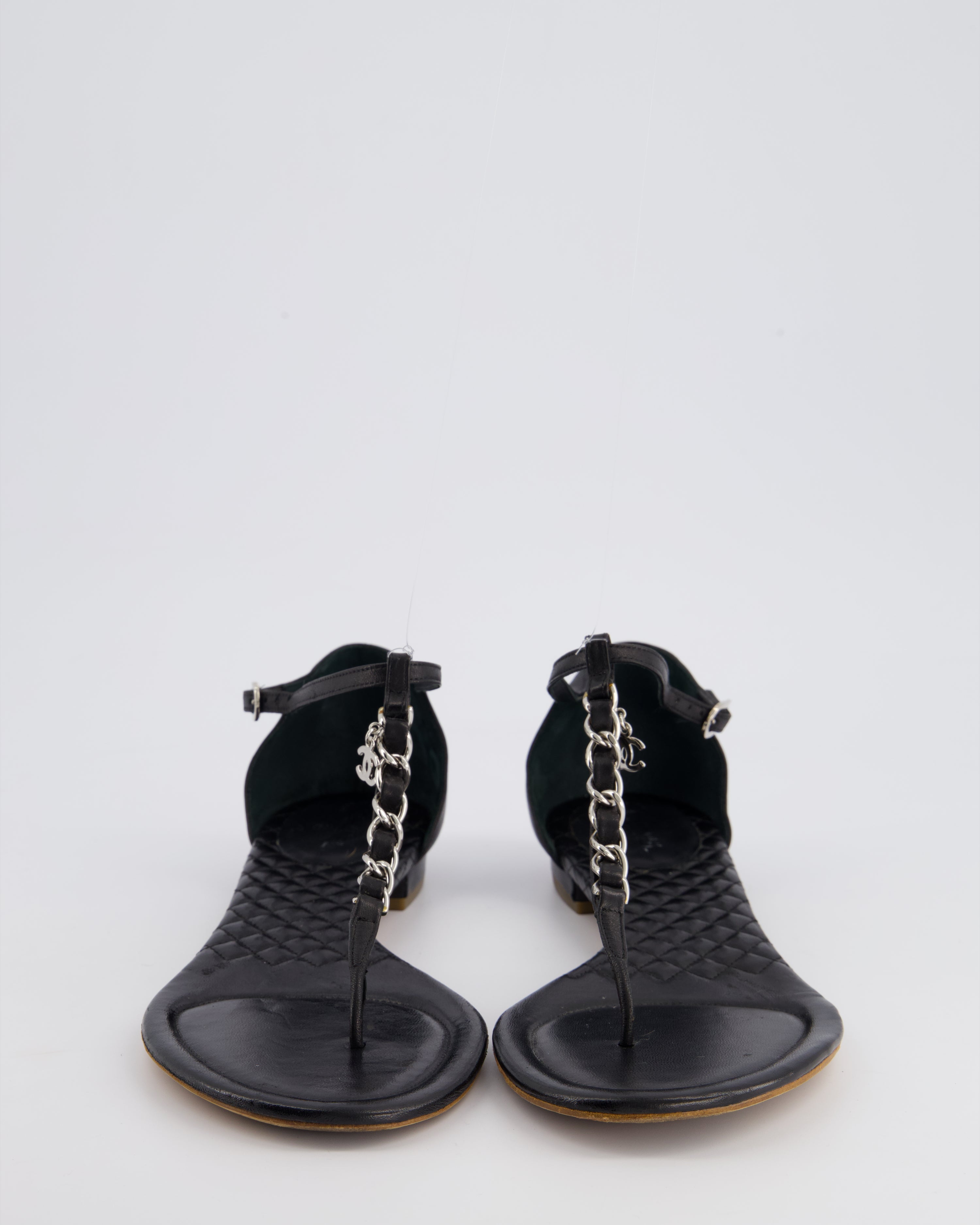 Chanel Black Leather Sandal with Chain CC Detail Size EU 40.5