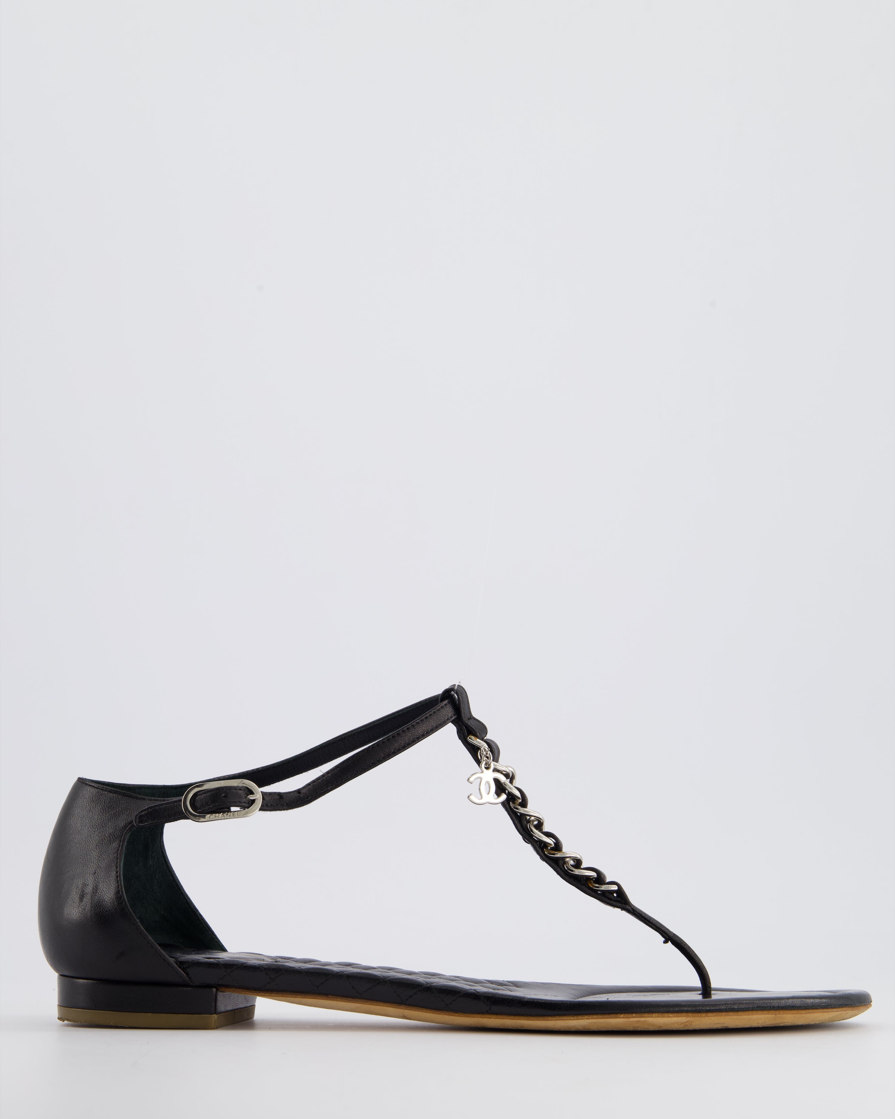 Chanel Black Leather Sandal with Chain CC Detail Size EU 40.5