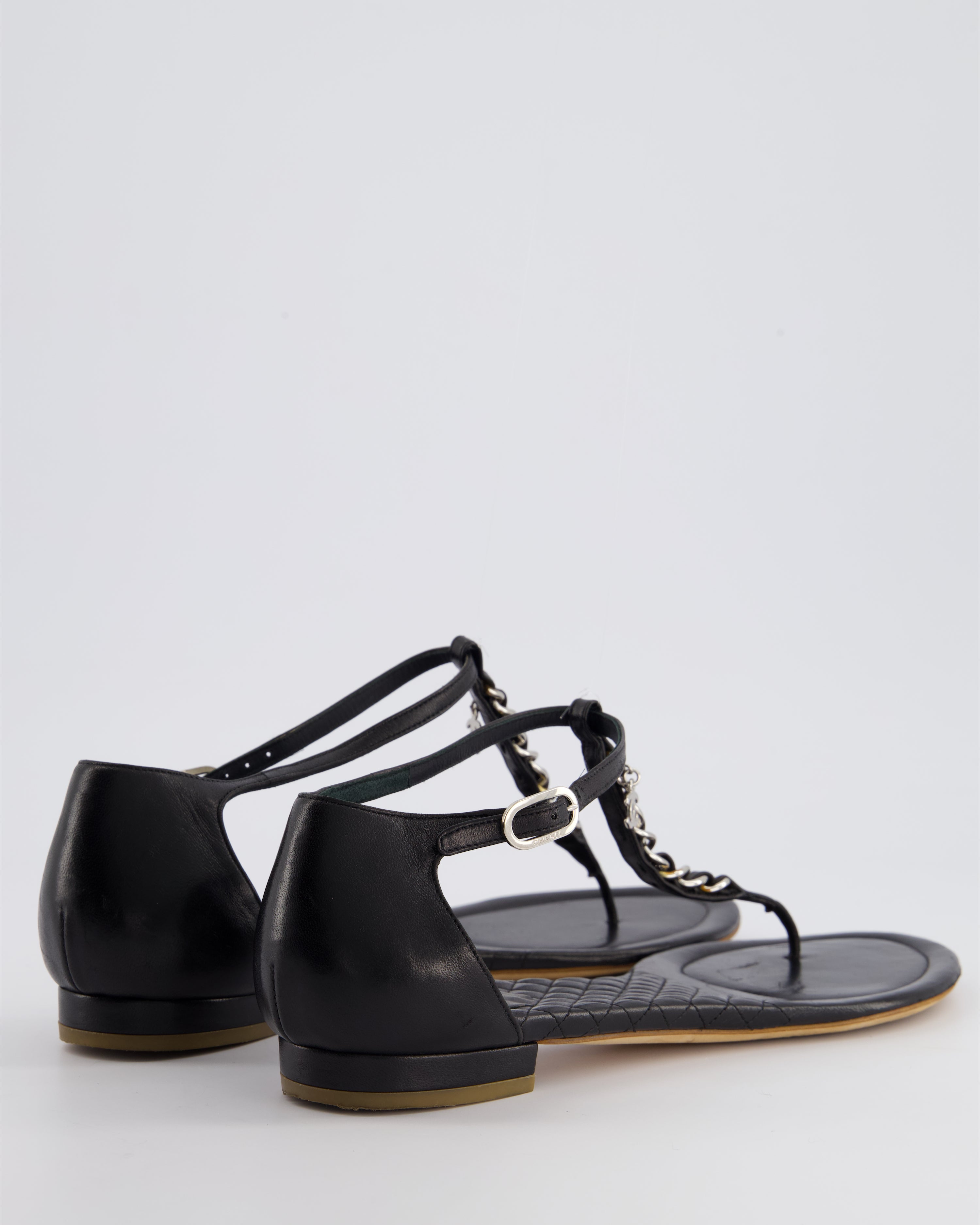 Chanel Black Leather Sandal with Chain CC Detail Size EU 40.5