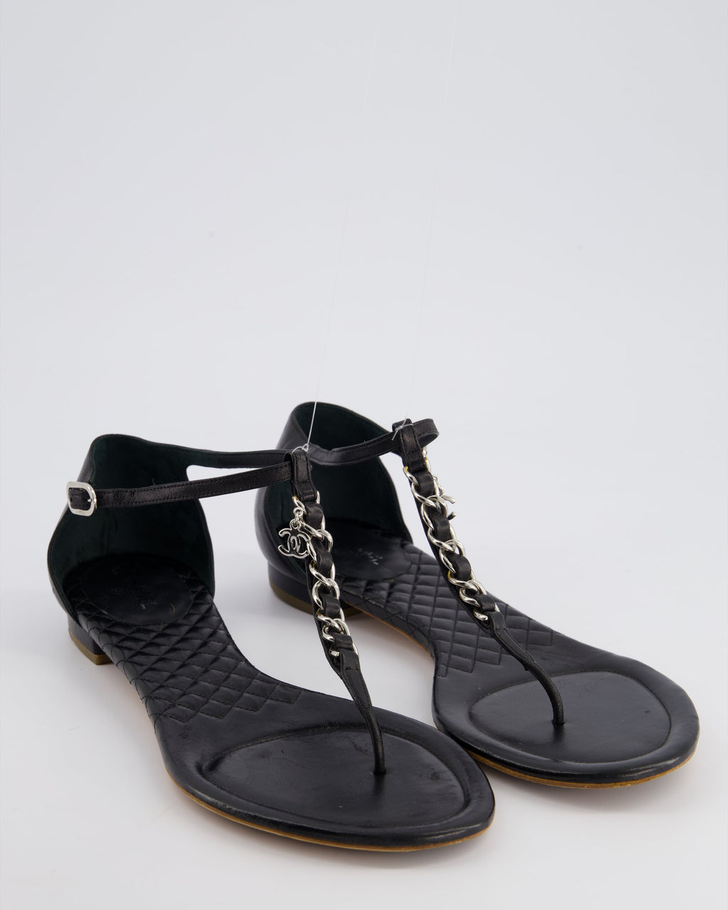Chanel Black Leather Sandal with Chain CC Detail Size EU 40.5