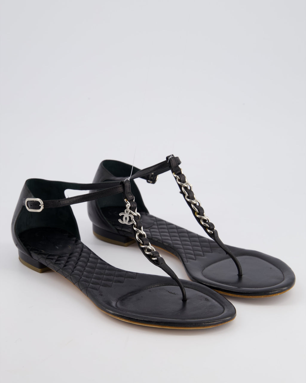 Chanel Black Leather Sandal with Chain CC Detail Size EU 40.5