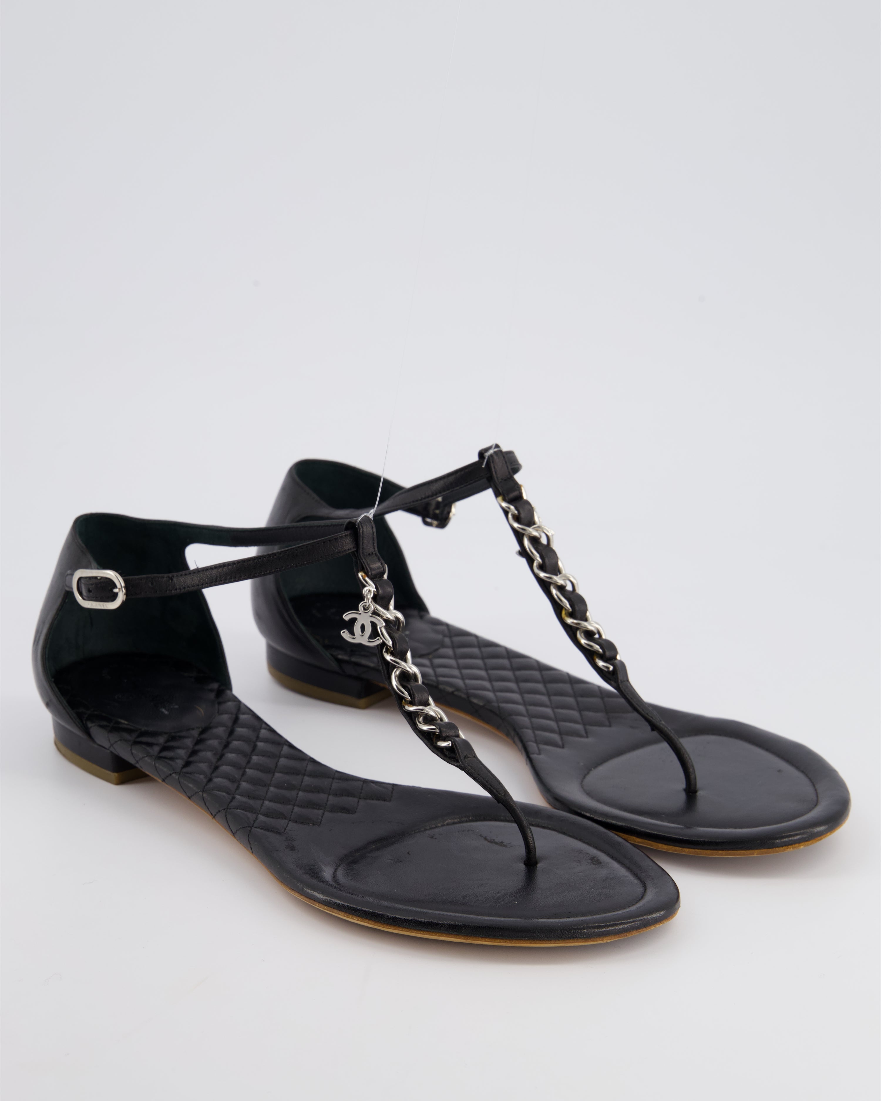 Chanel Black Leather Sandal with Chain CC Detail Size EU 40.5