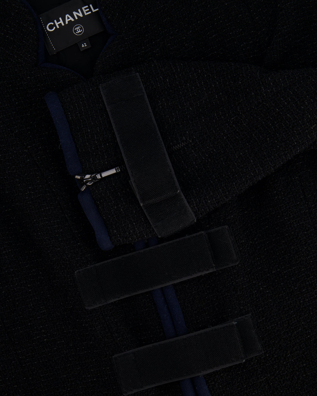Chanel Spring 2017 Runway Black Tweed Jacket with Velcro and Navy Details Size FR 42 (UK 14)