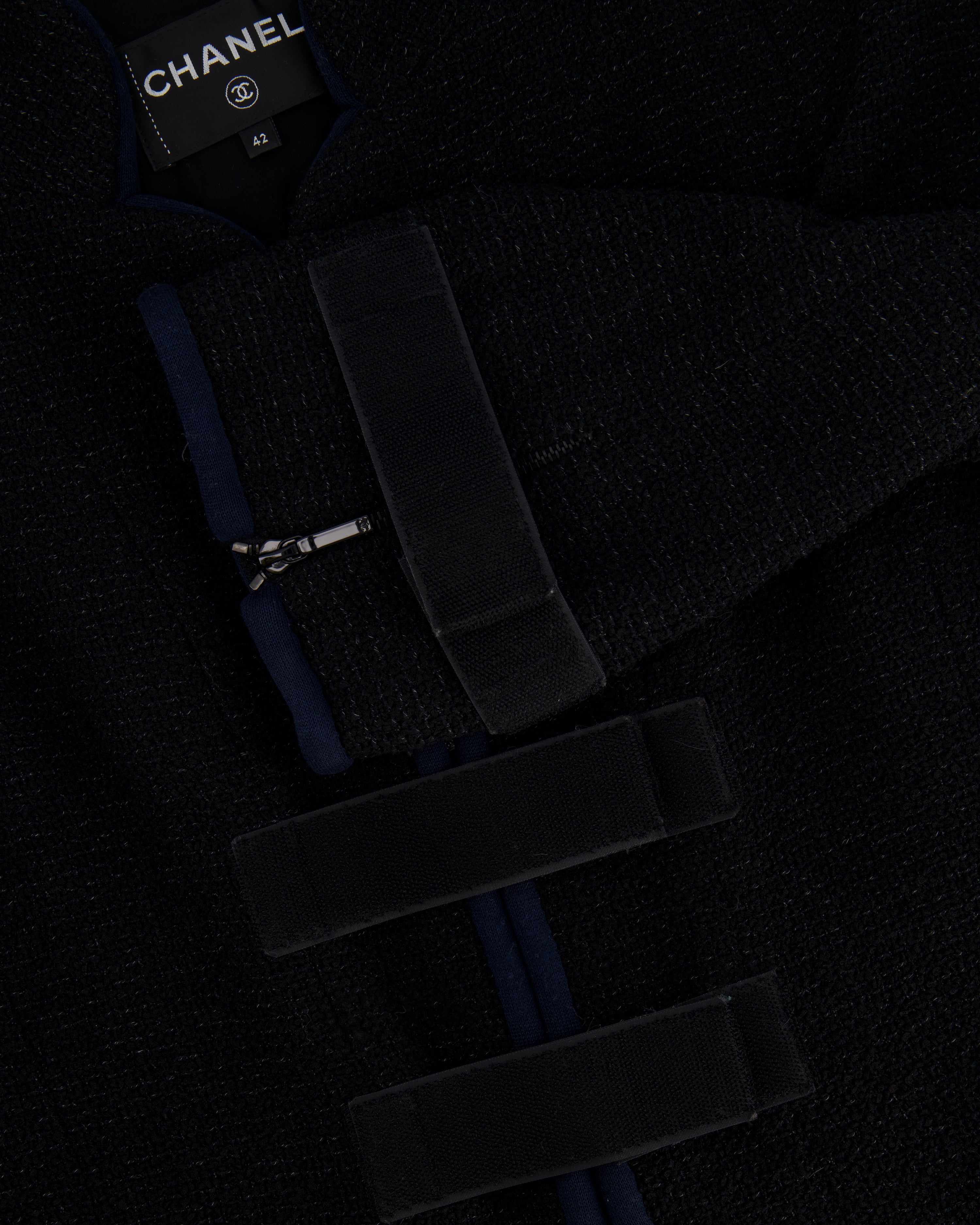Chanel Spring 2017 Runway Black Tweed Jacket with Velcro and Navy Details Size FR 42 (UK 14)