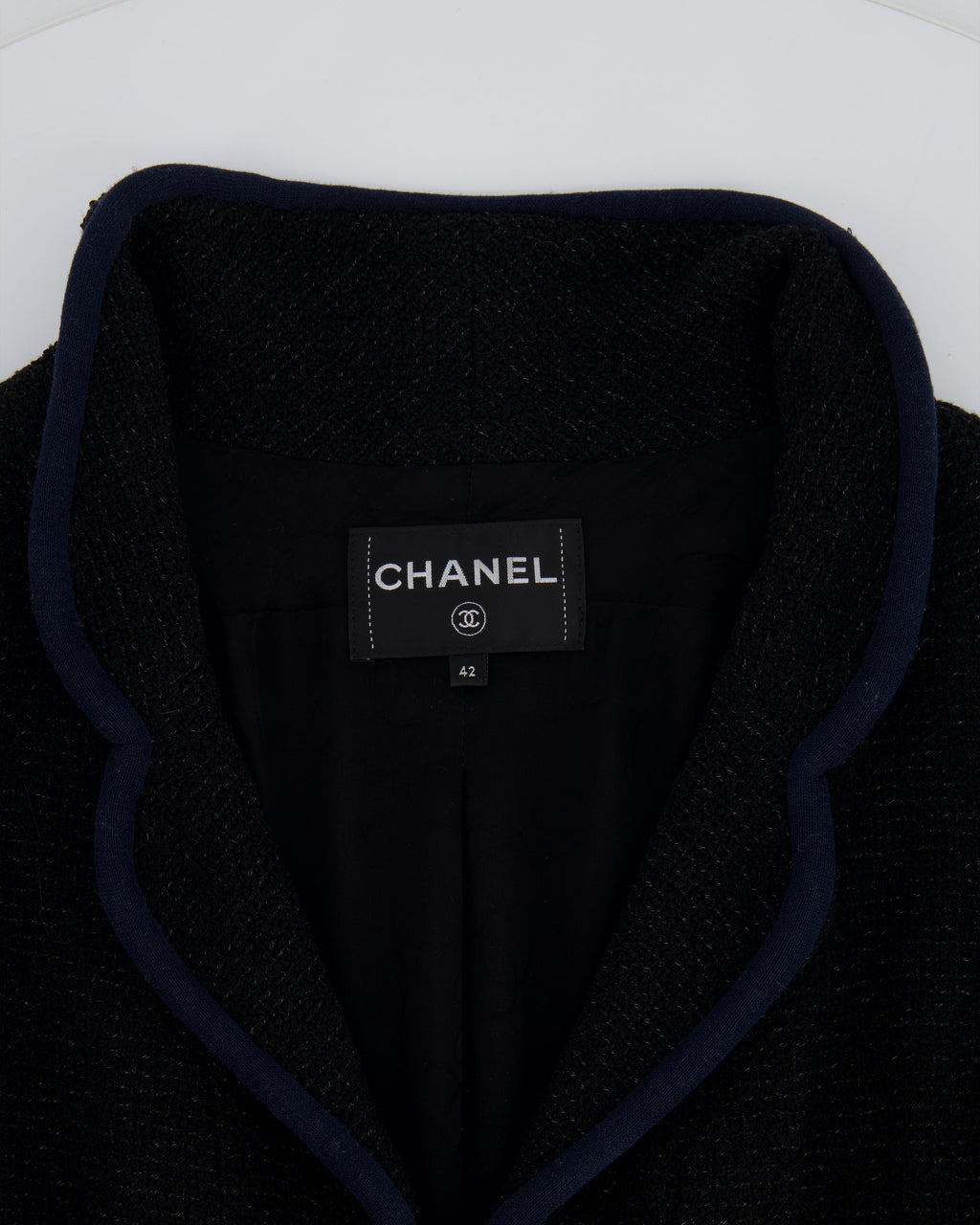 Chanel Spring 2017 Runway Black Tweed Jacket with Velcro and Navy Details Size FR 42 (UK 14)