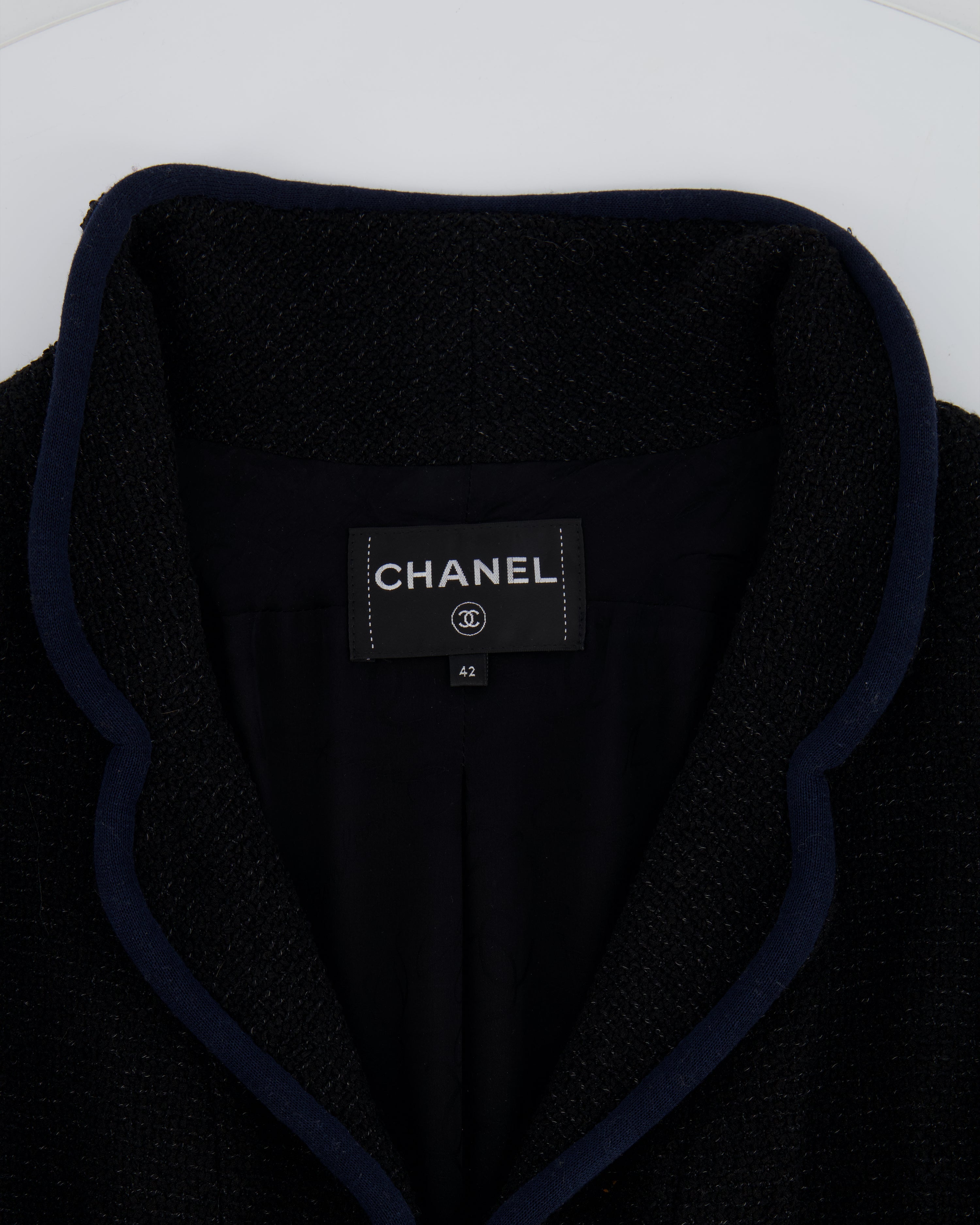 Chanel Spring 2017 Runway Black Tweed Jacket with Velcro and Navy Details Size FR 42 (UK 14)