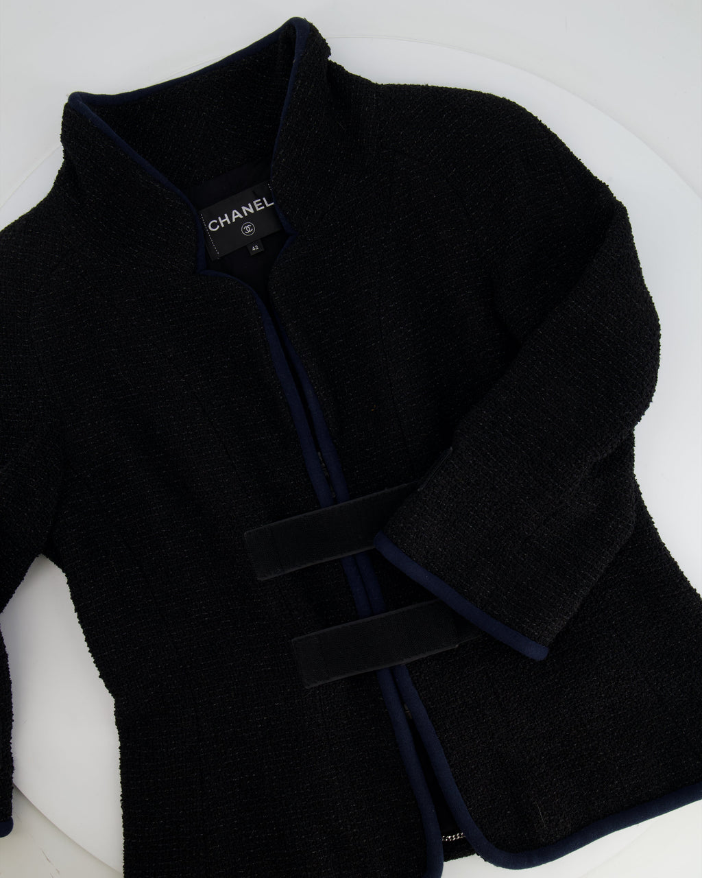 Chanel Spring 2017 Runway Black Tweed Jacket with Velcro and Navy Details Size FR 42 (UK 14)