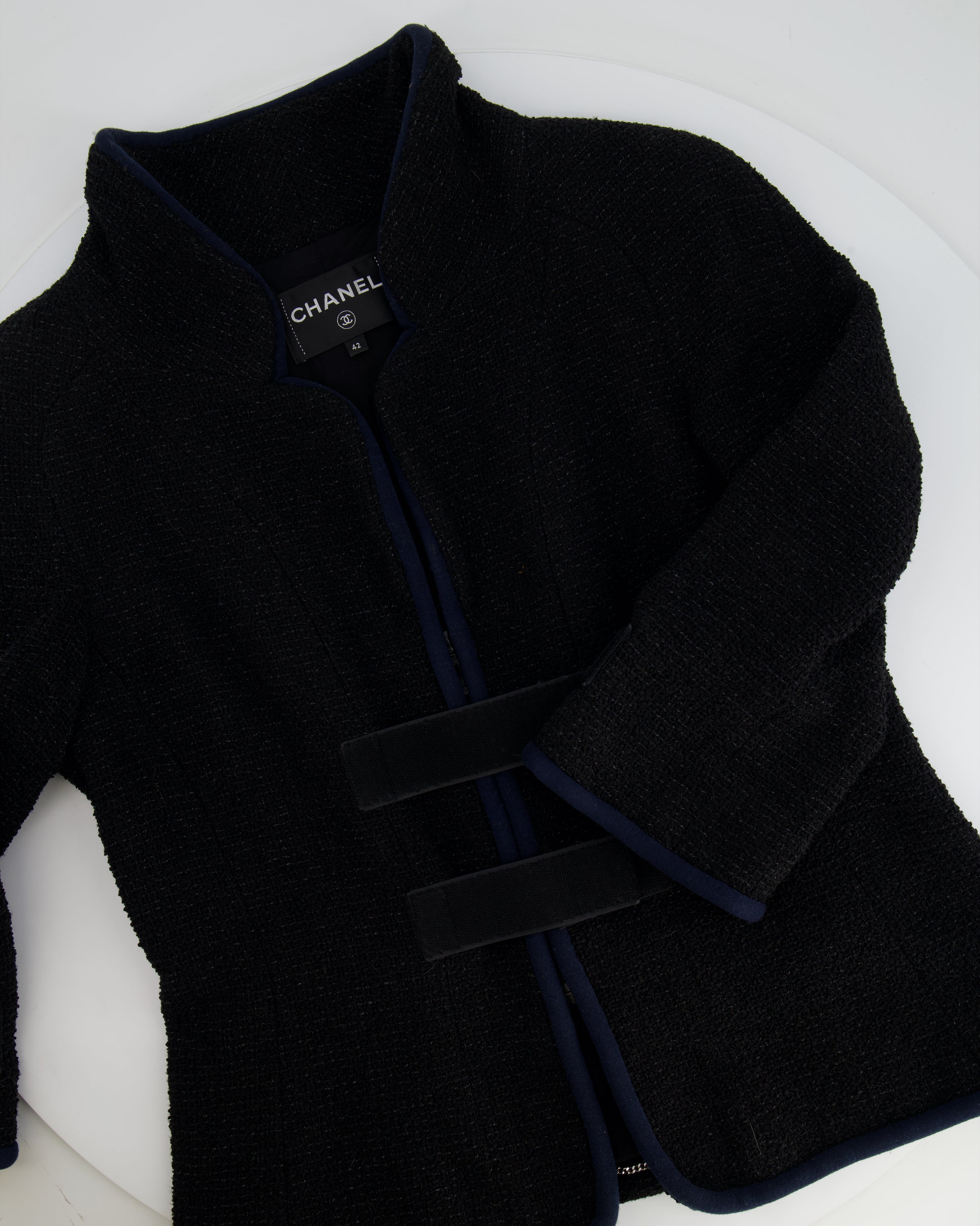 Chanel Spring 2017 Runway Black Tweed Jacket with Velcro and Navy Details Size FR 42 (UK 14)