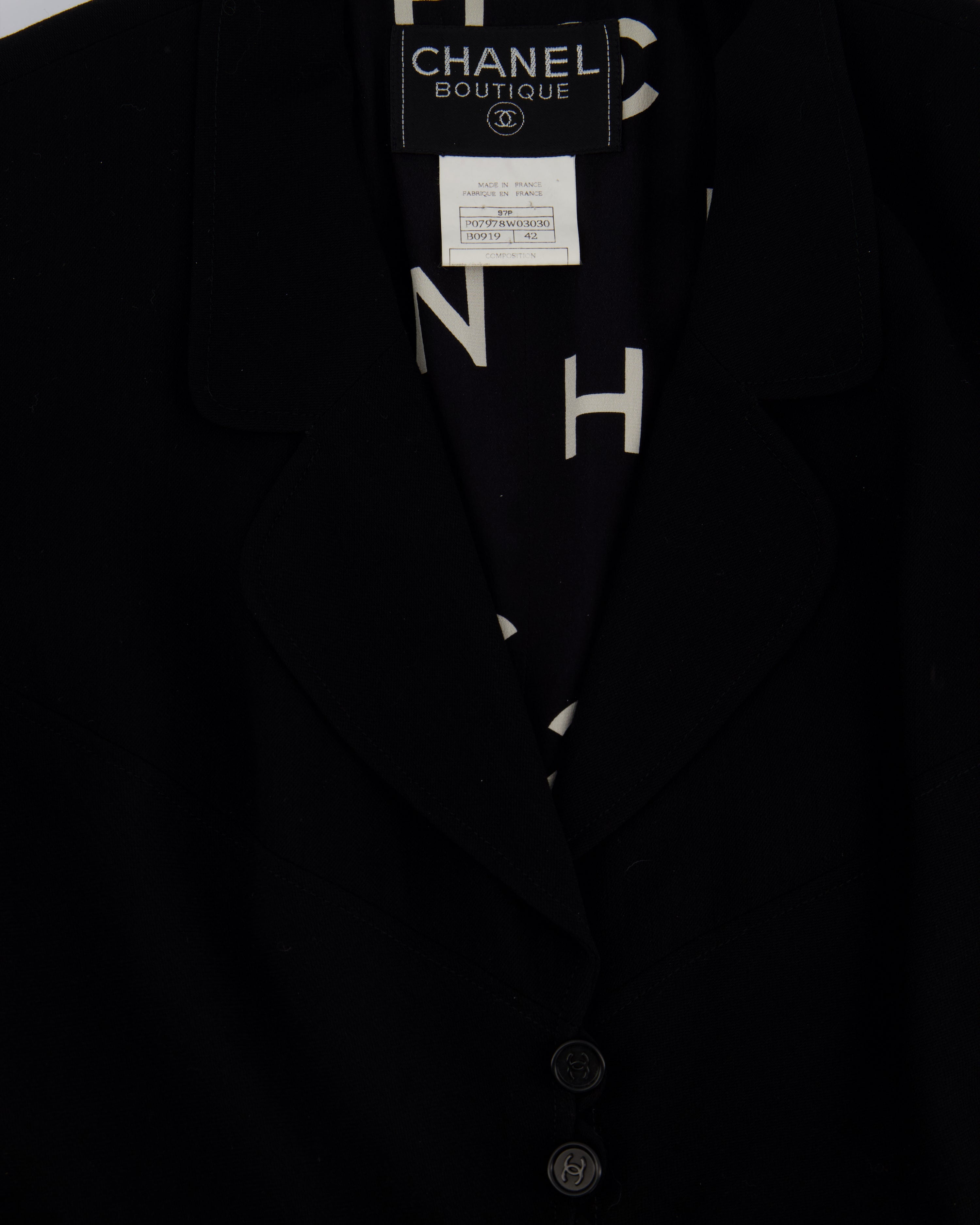 Chanel Vintage Runway 97/S Black, White CC Logo Slip Dress and Jacket Set with CC Chanel Button Size FR 42 (UK 14)