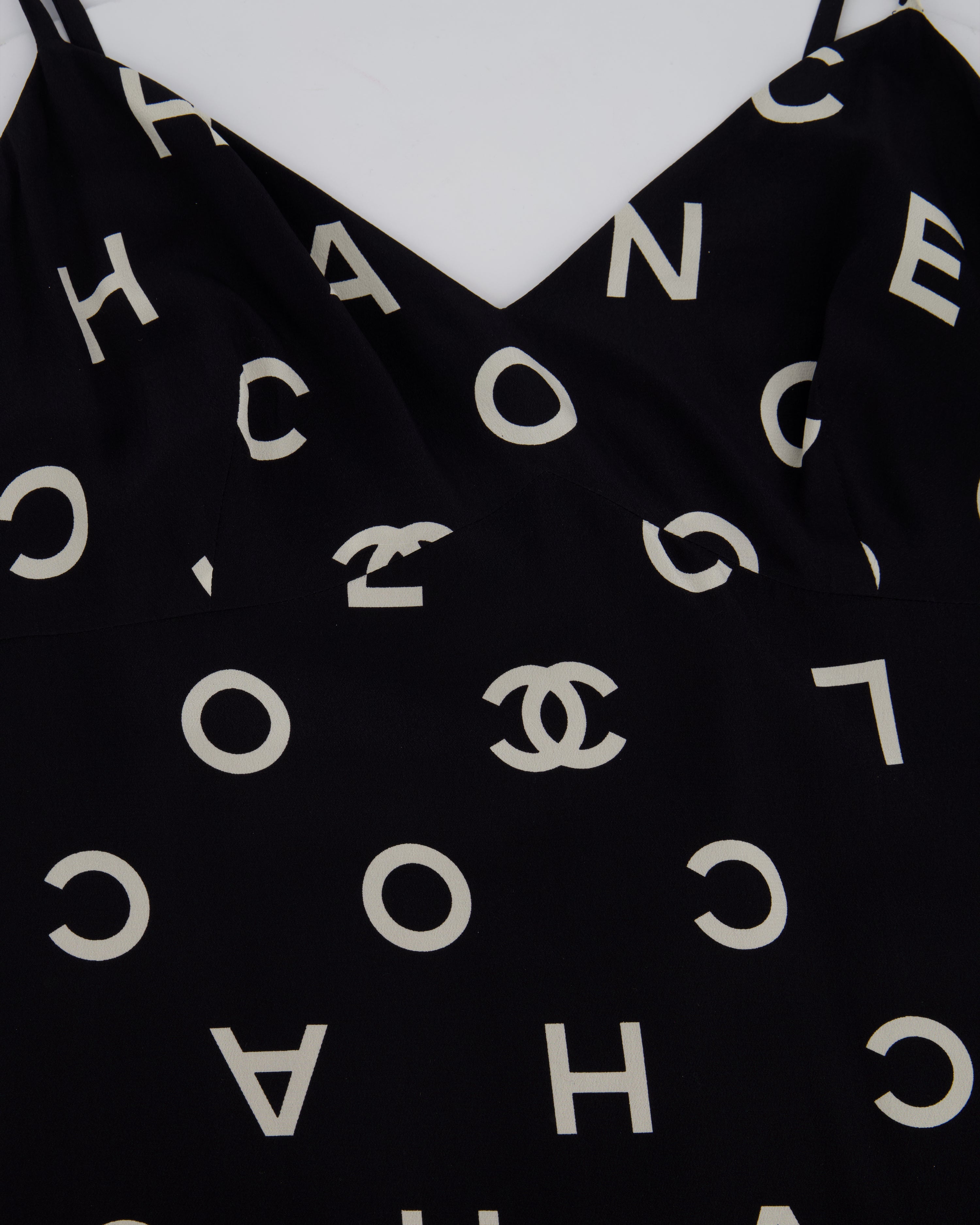 Chanel Vintage Runway 97/S Black, White CC Logo Slip Dress and Jacket Set with CC Chanel Button Size FR 42 (UK 14)