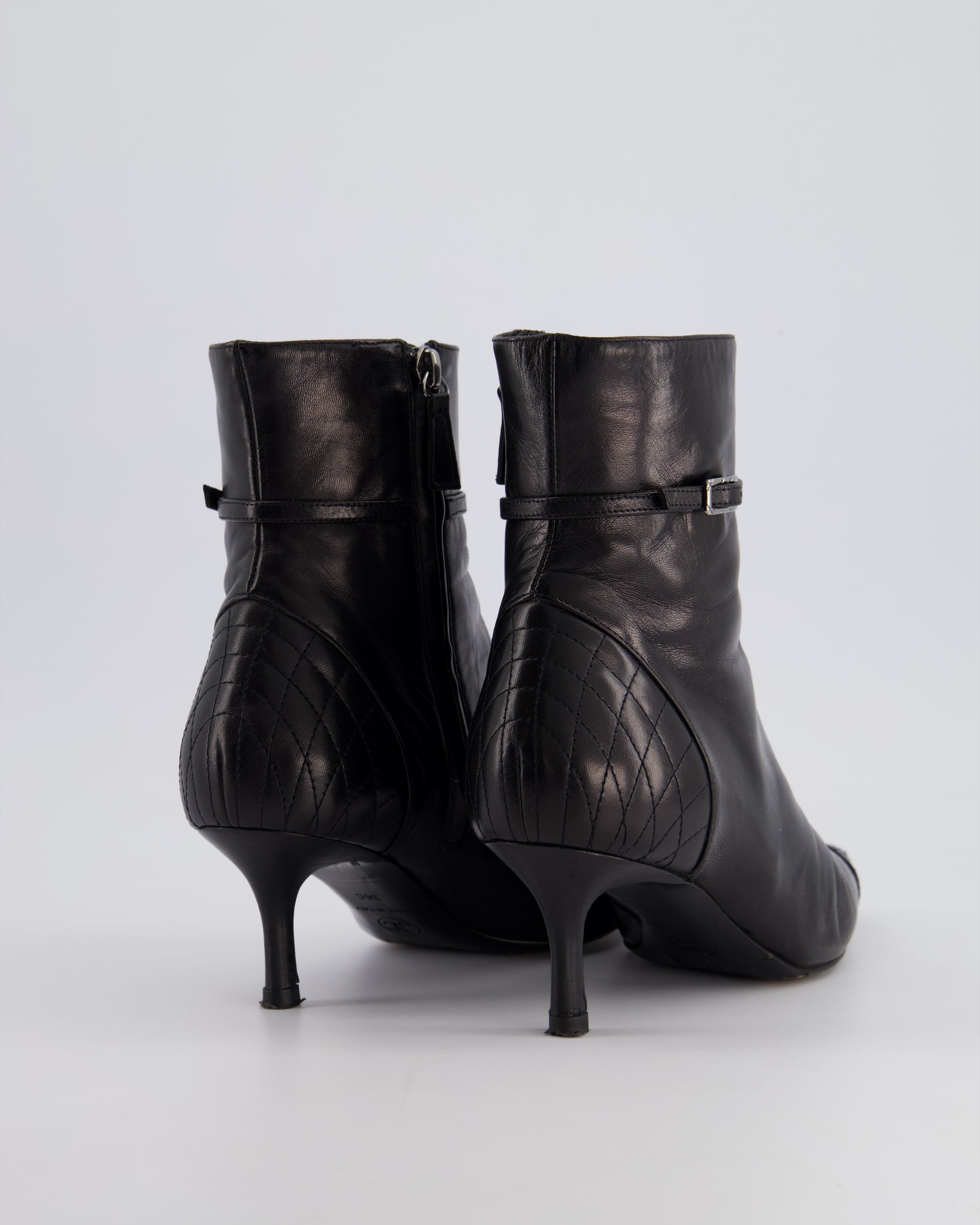 Chanel 05A Vintage Black Leather Pointed Toe Ankle Boots Size EU 36