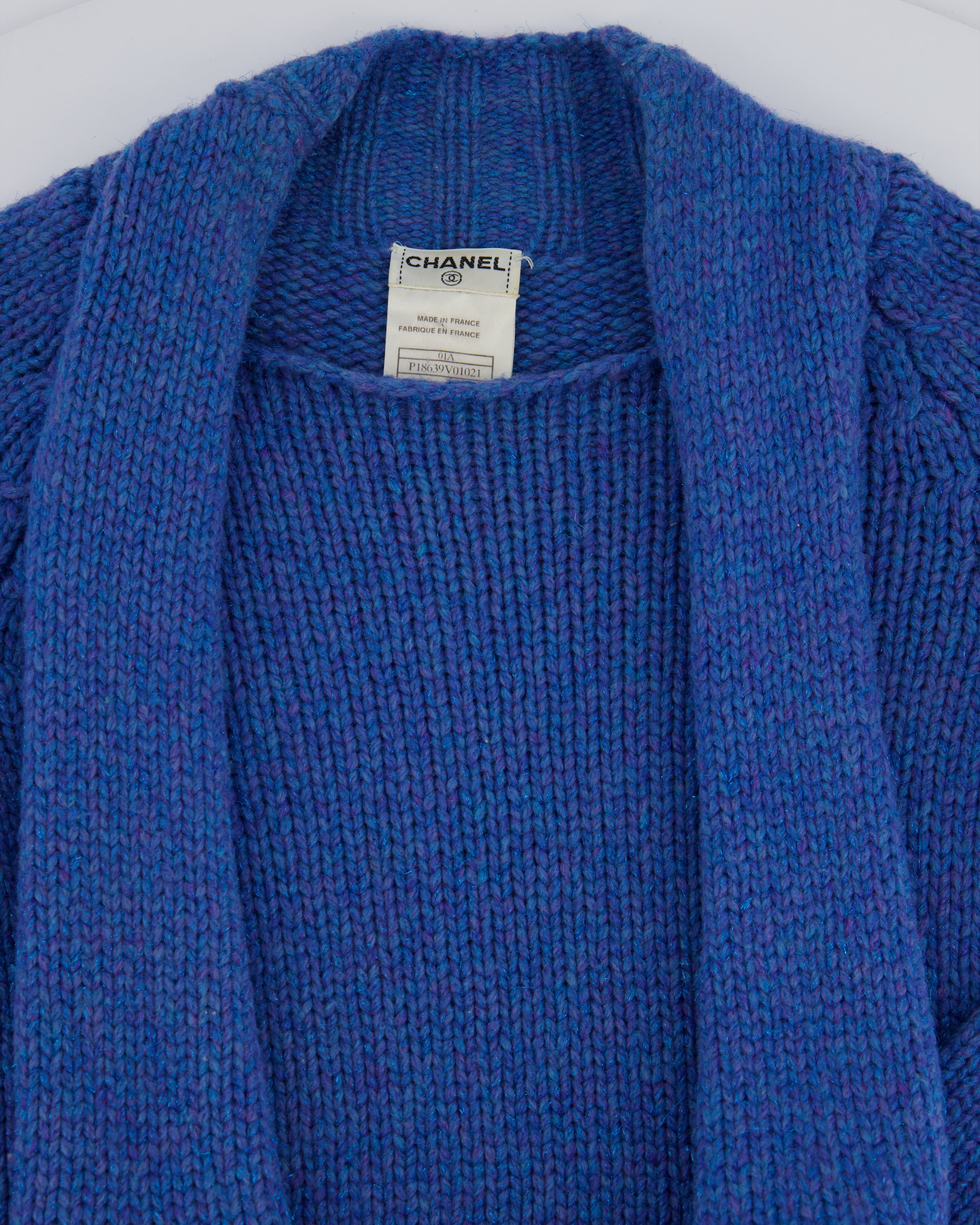 Chanel 01/A Blue Wool Jumper With Scarf Tie and Sparkle Detail Size FR 38 (UK 10)
