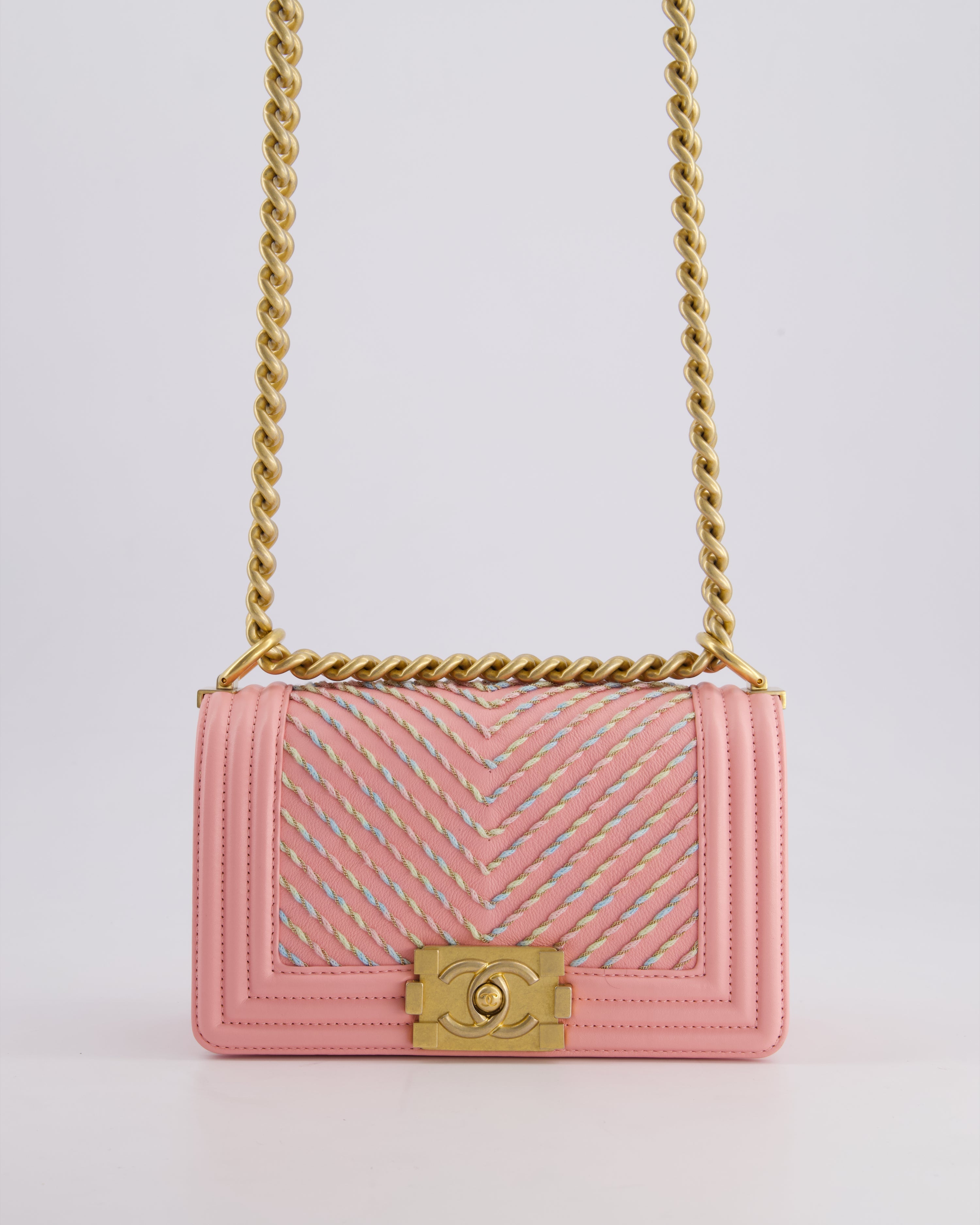 Chanel Pink Small Boy Bag in Lambskin Leather with Pastel Chevron Detail and Brushed Gold Hardware