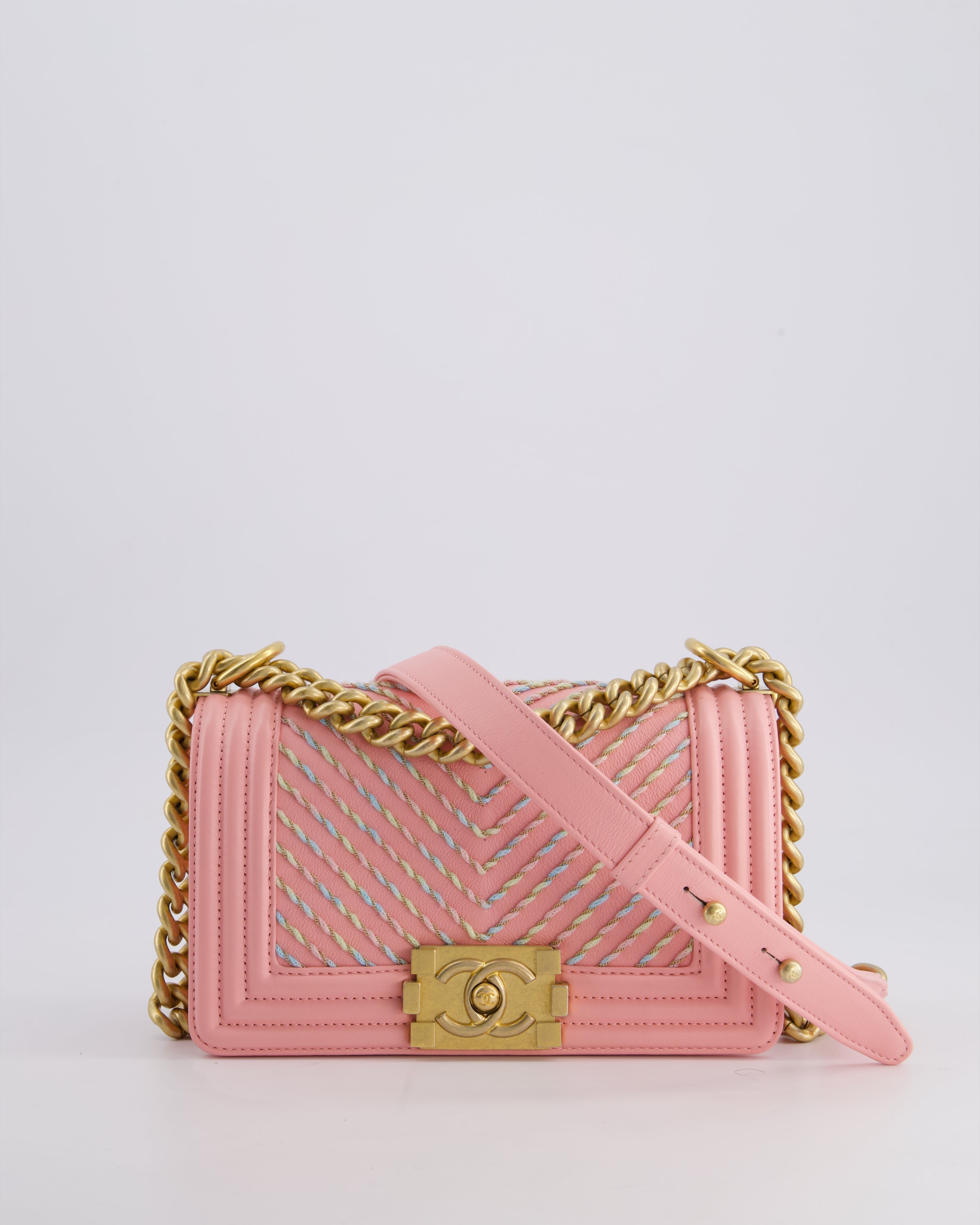 Chanel Pink Small Boy Bag in Lambskin Leather with Pastel Chevron Detail and Brushed Gold Hardware