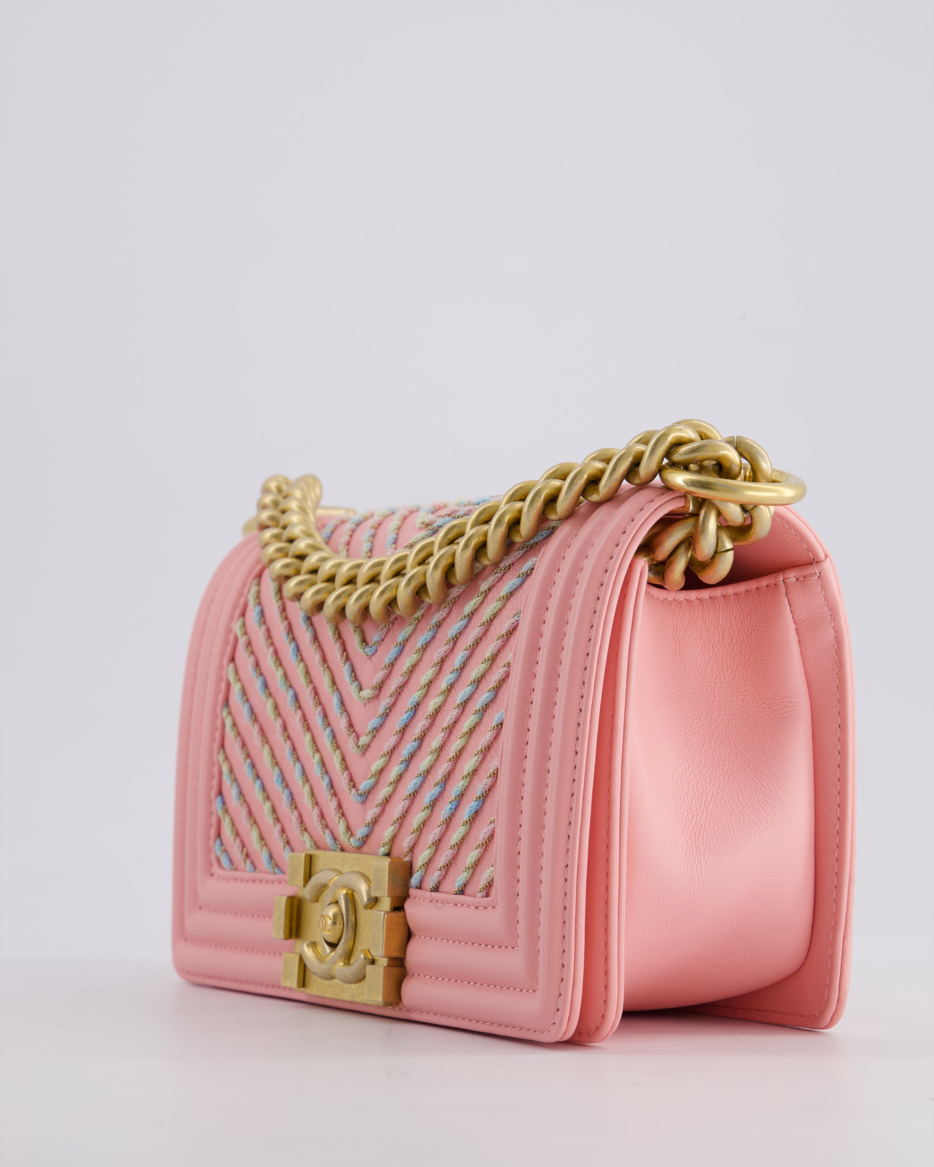 Chanel Pink Small Boy Bag in Lambskin Leather with Pastel Chevron Detail and Brushed Gold Hardware