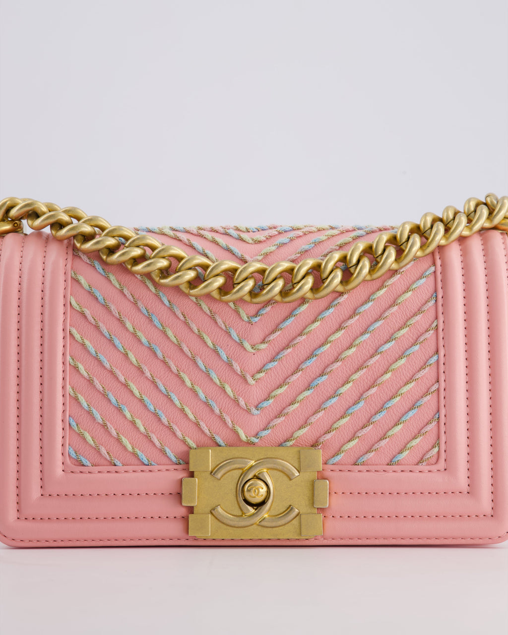 Chanel Pink Small Boy Bag in Lambskin Leather with Pastel Chevron Detail and Brushed Gold Hardware