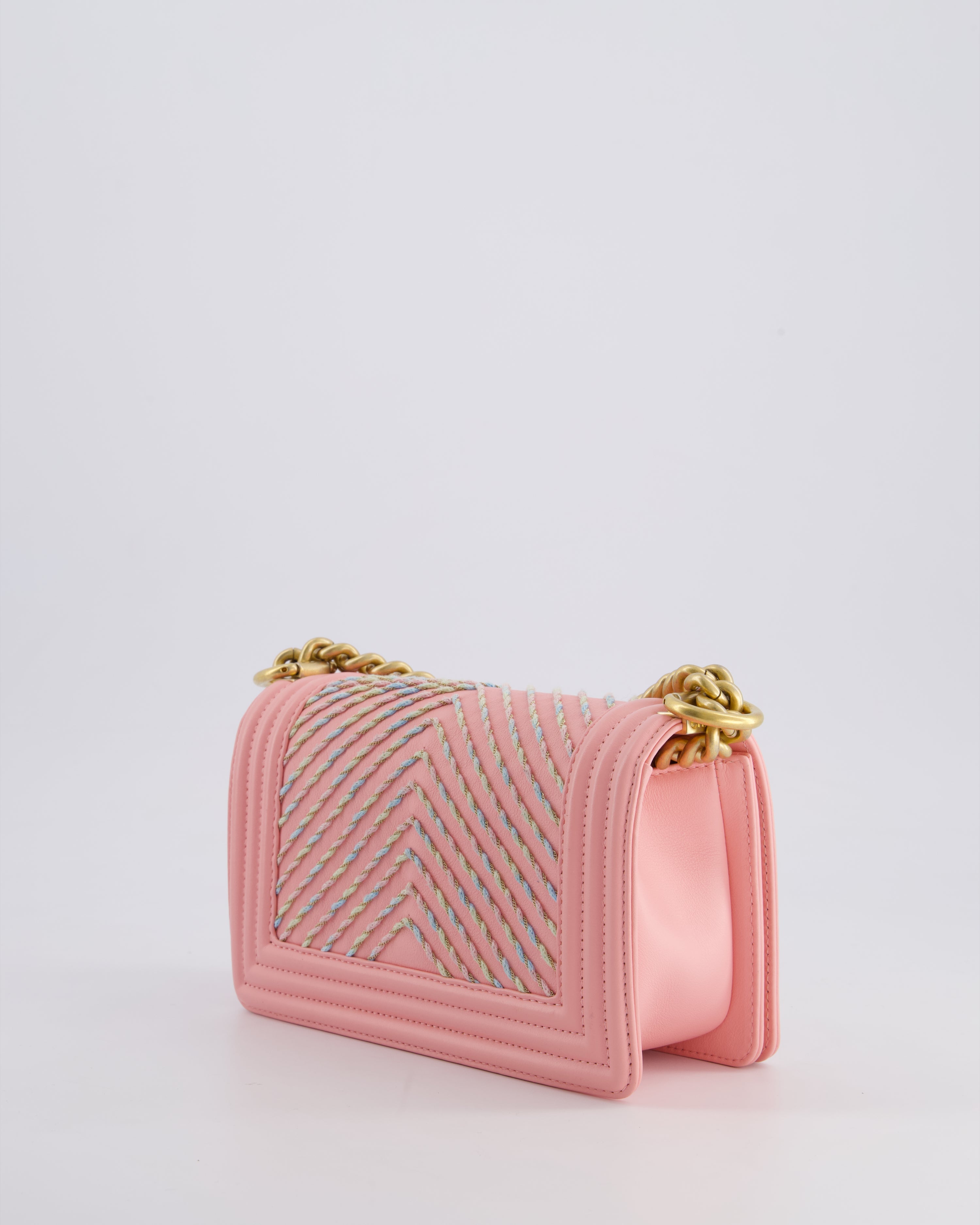 Chanel Pink Small Boy Bag in Lambskin Leather with Pastel Chevron Detail and Brushed Gold Hardware