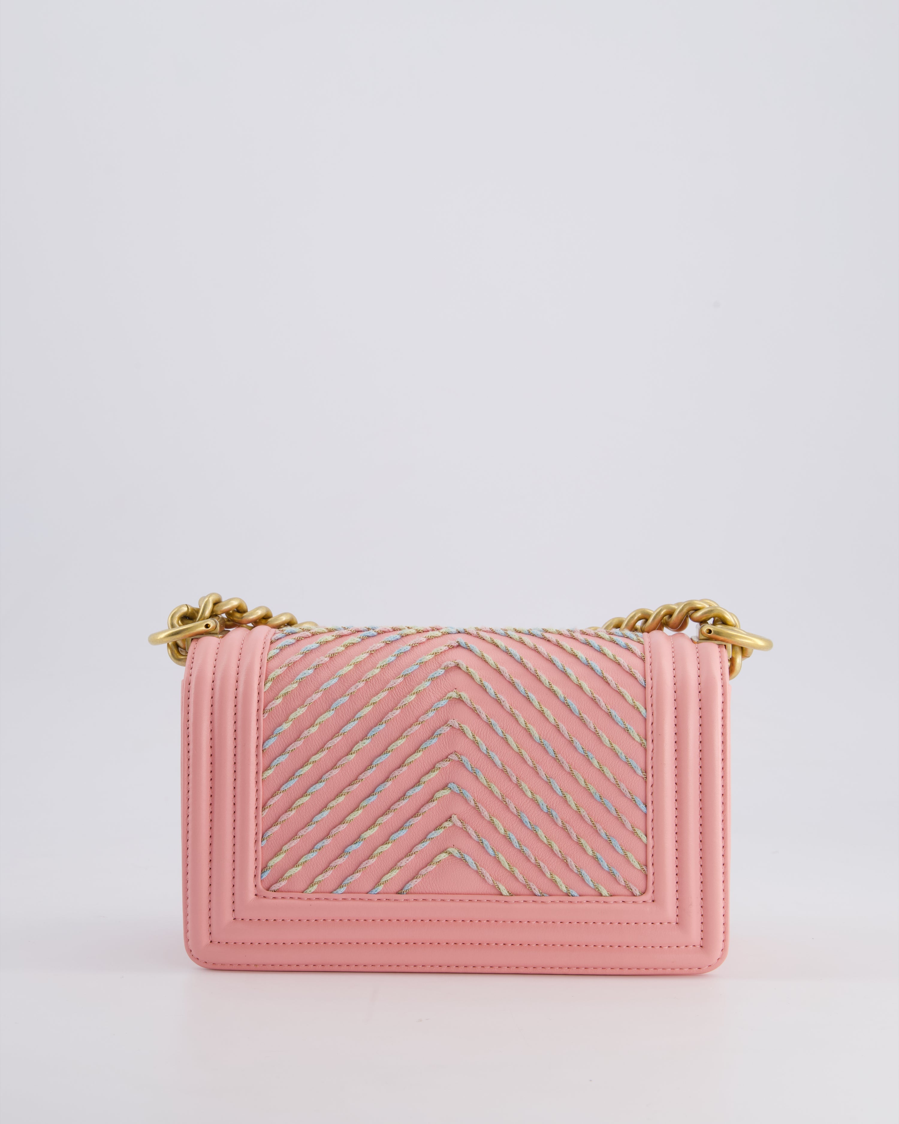 Chanel Pink Small Boy Bag in Lambskin Leather with Pastel Chevron Detail and Brushed Gold Hardware