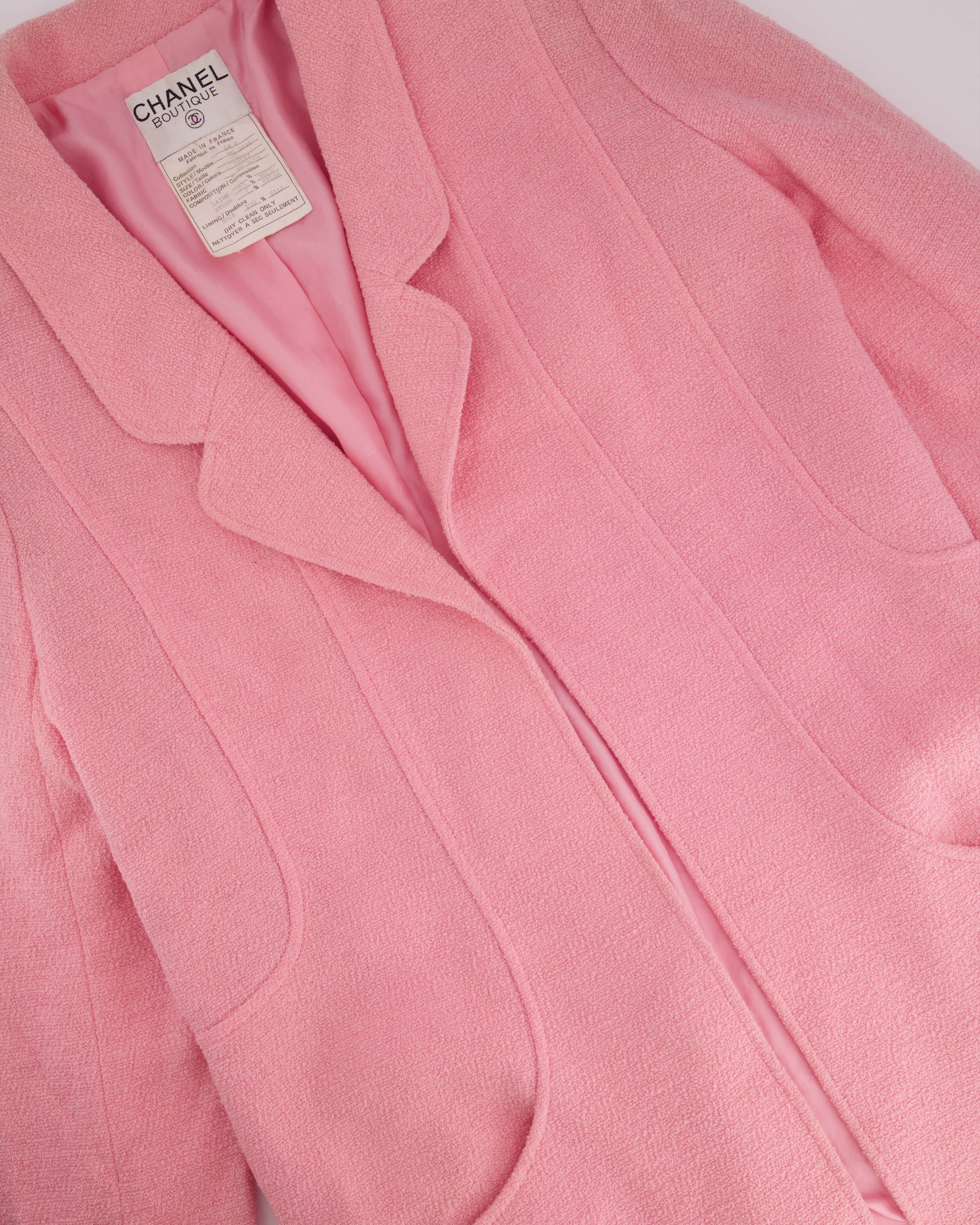 Chanel 94/P Pink Longline Tweed Jacket with Gold CC Logo Button Details, Size FR 40 (UK 12)